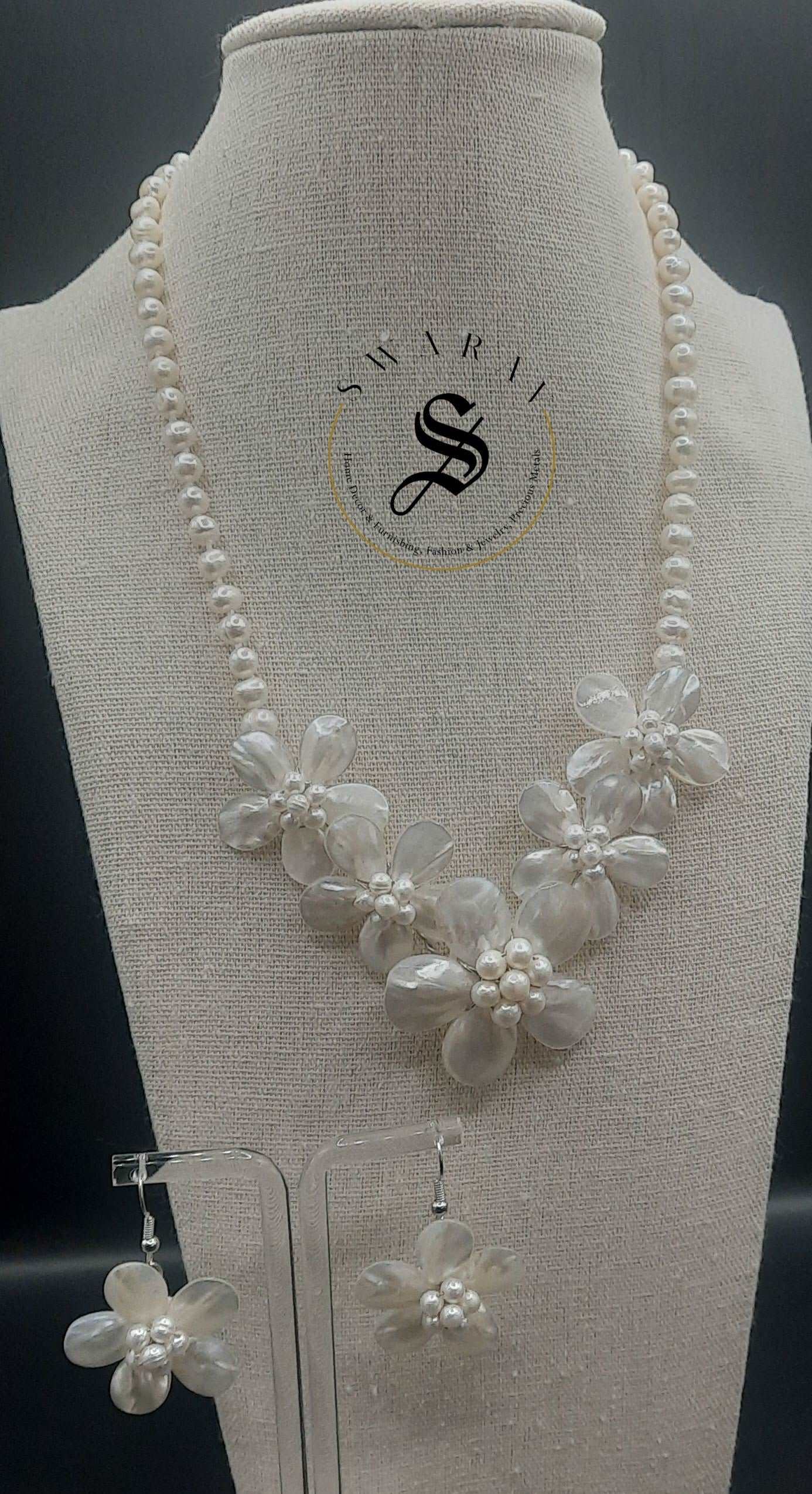 Cultured Pearl and MOP short floral Necklace set.