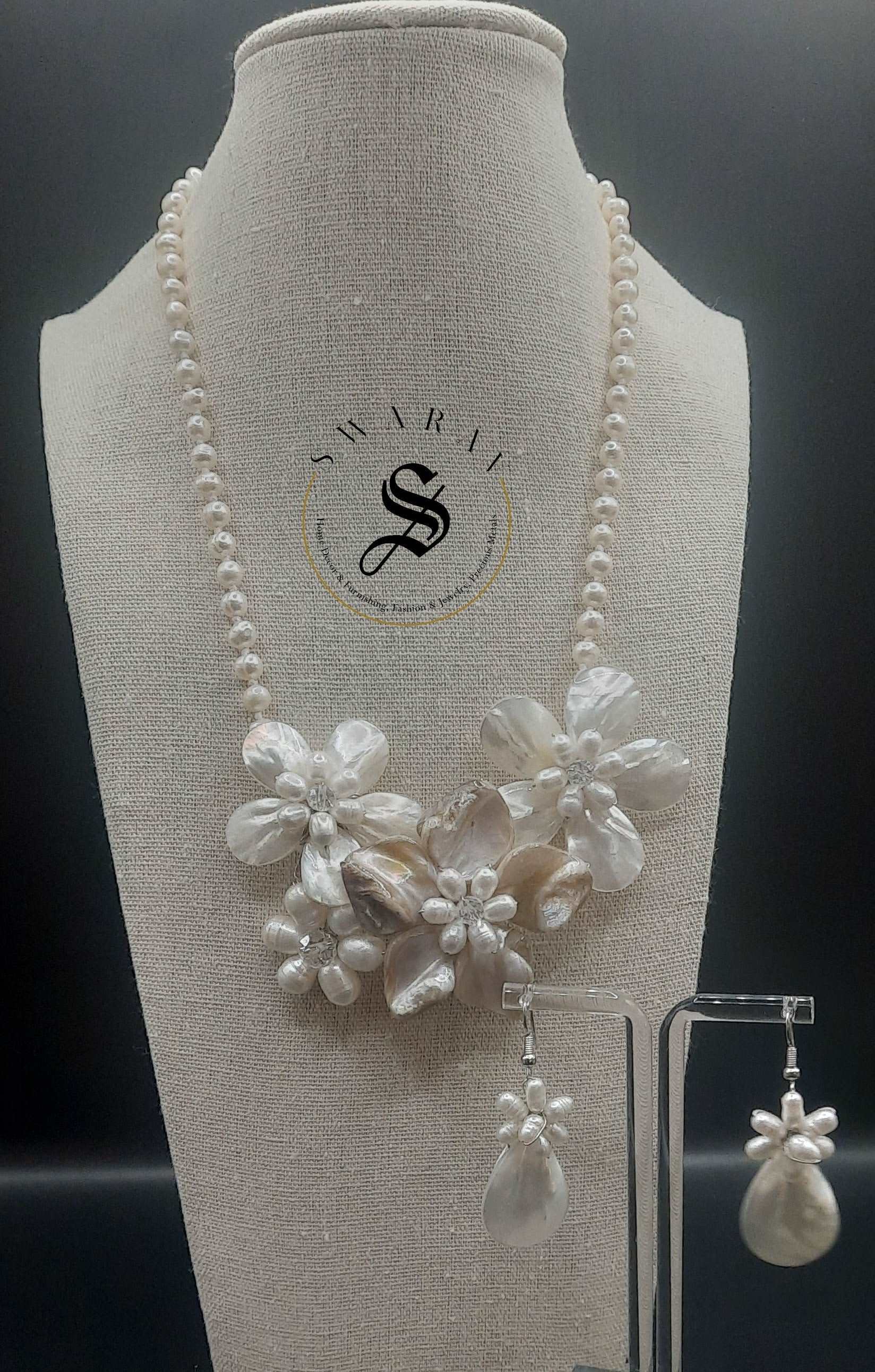 Cultured Pearl and MOP short floral Necklace set.