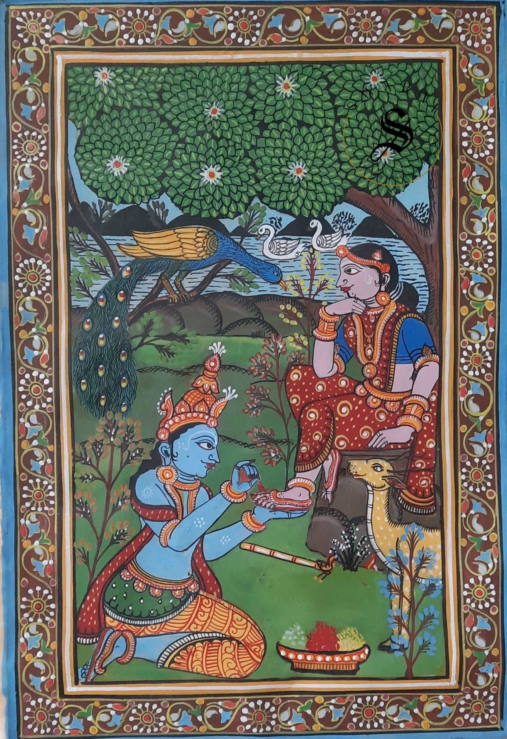 Radha-Krishna Theme Pattachcitra Painting. Size 9.5 by 12 inch