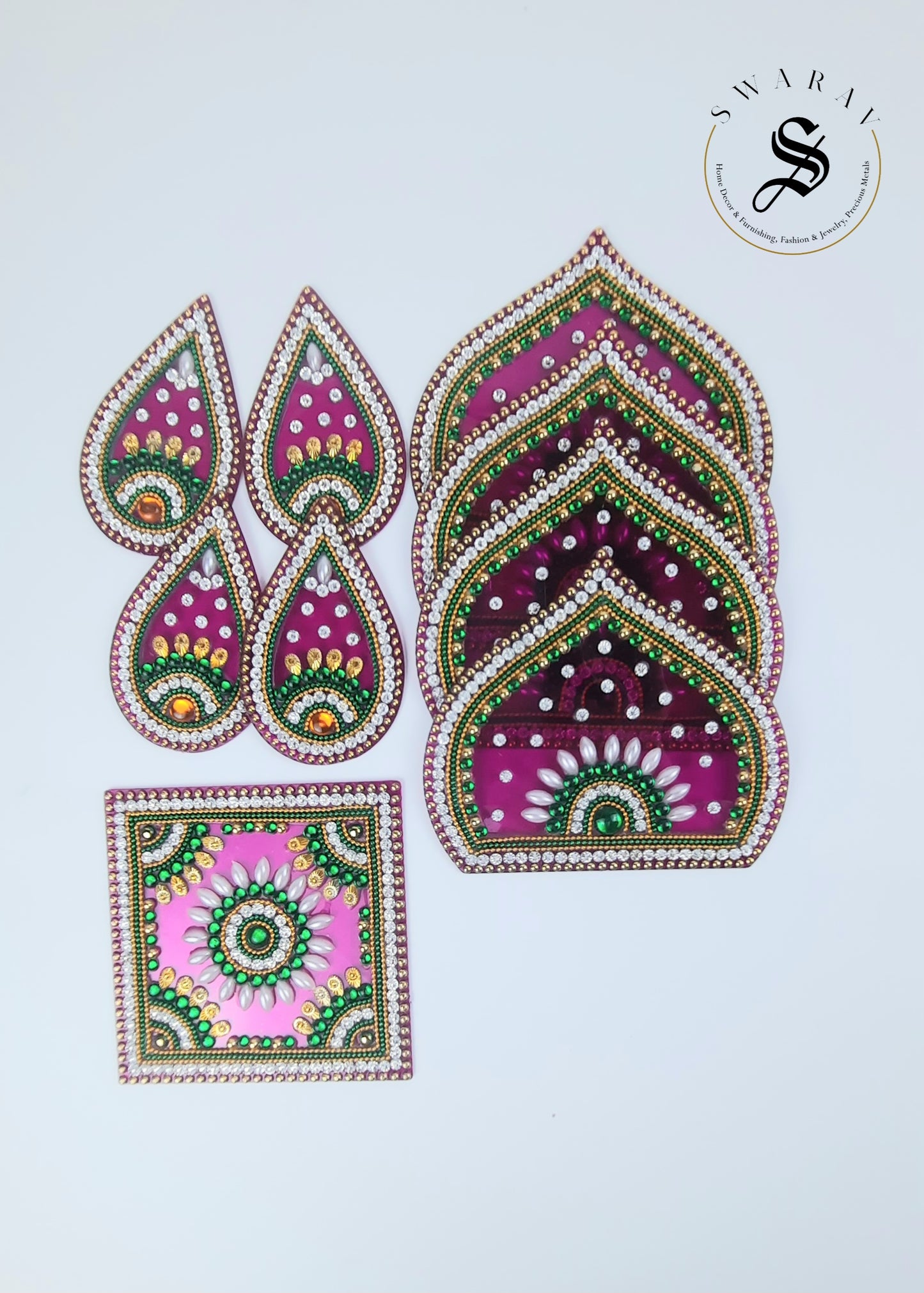 Hand made Acrylic Rangoli - Set of 9 pieces. 12 inch - Magenta.