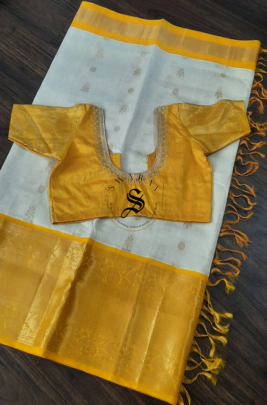 Kuppadam Semi Pattu Saree with stitched work Blouse - Gold and White