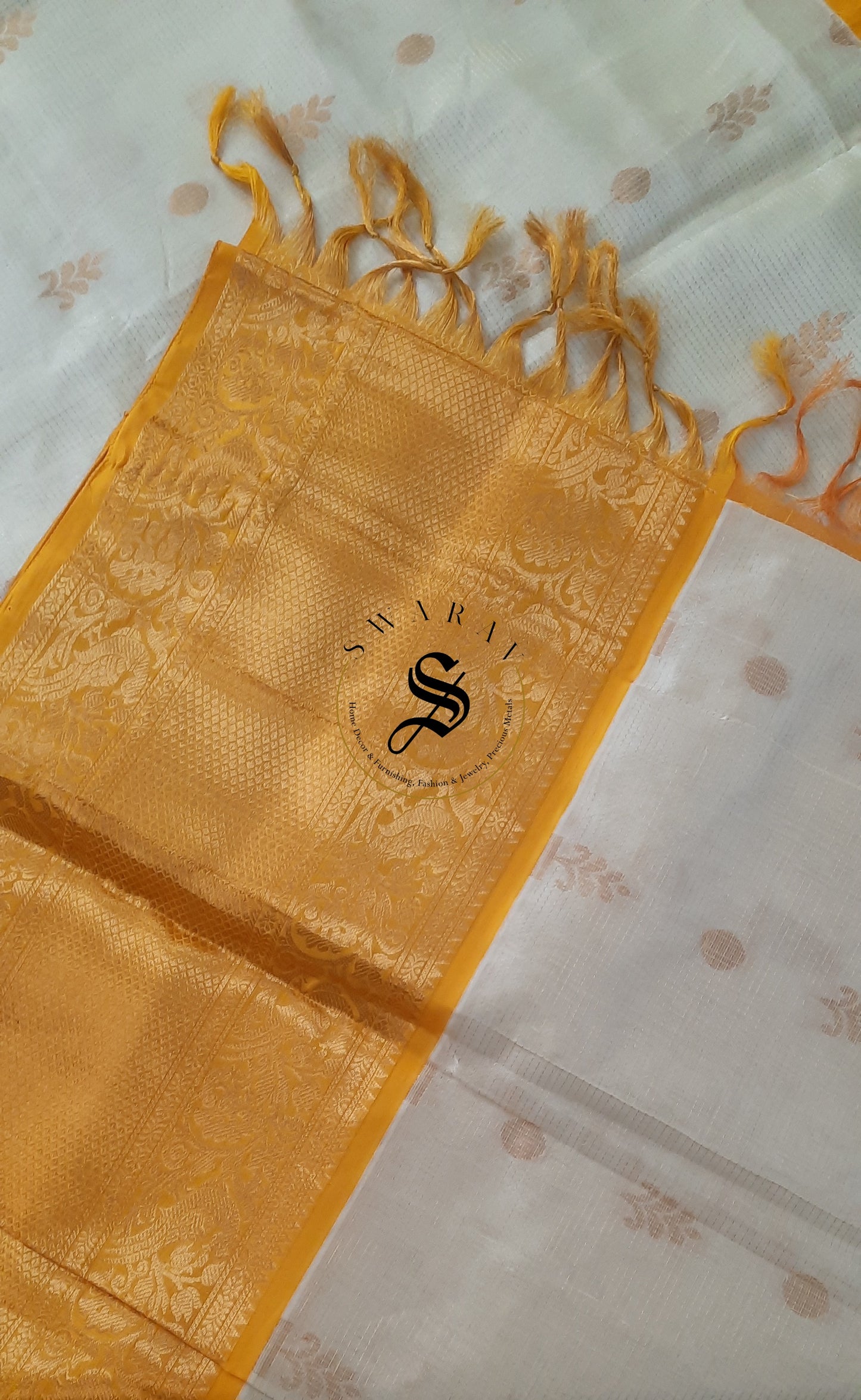 Kuppadam Semi Pattu Saree with stitched work Blouse - Gold and White