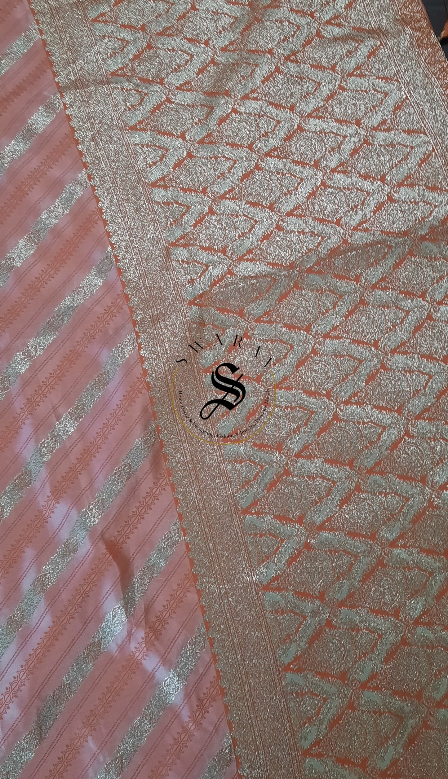 Russian Silk Laharia Design Zari woven Saree with stitched work Blouse - ( Salmon pink )