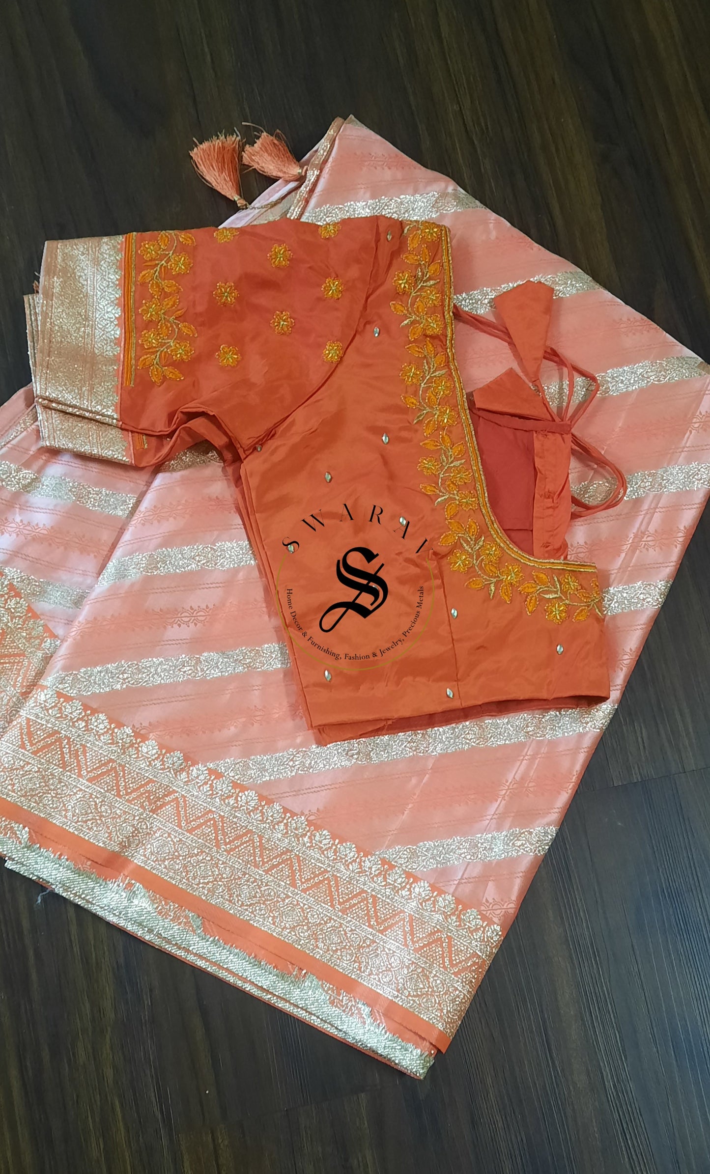 Russian Silk Laharia Design Zari woven Saree with stitched work Blouse - ( Salmon pink )