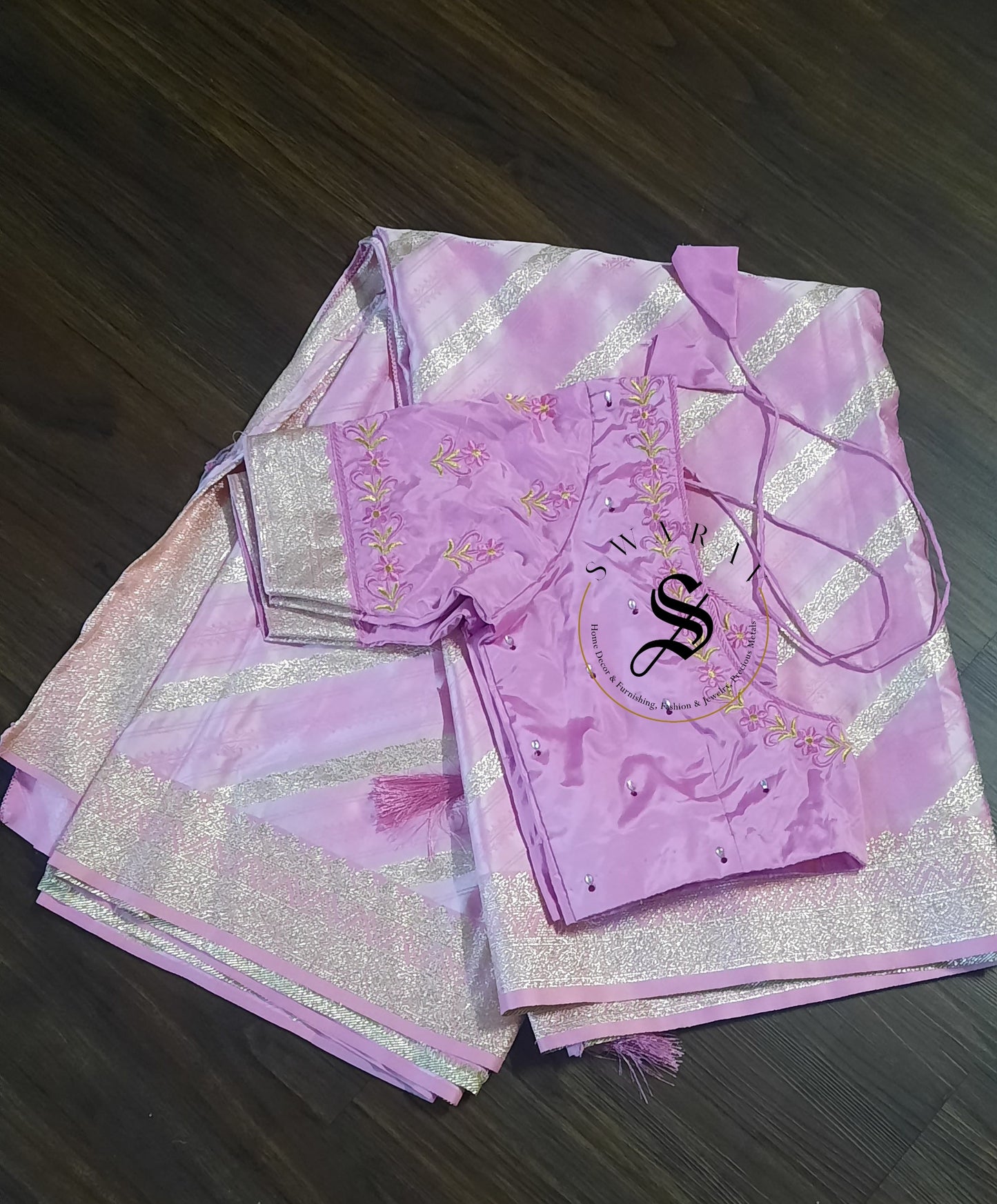 Russian Silk Laharia Design Zari woven Saree with stitched work Blouse - ( Shiny Pink )