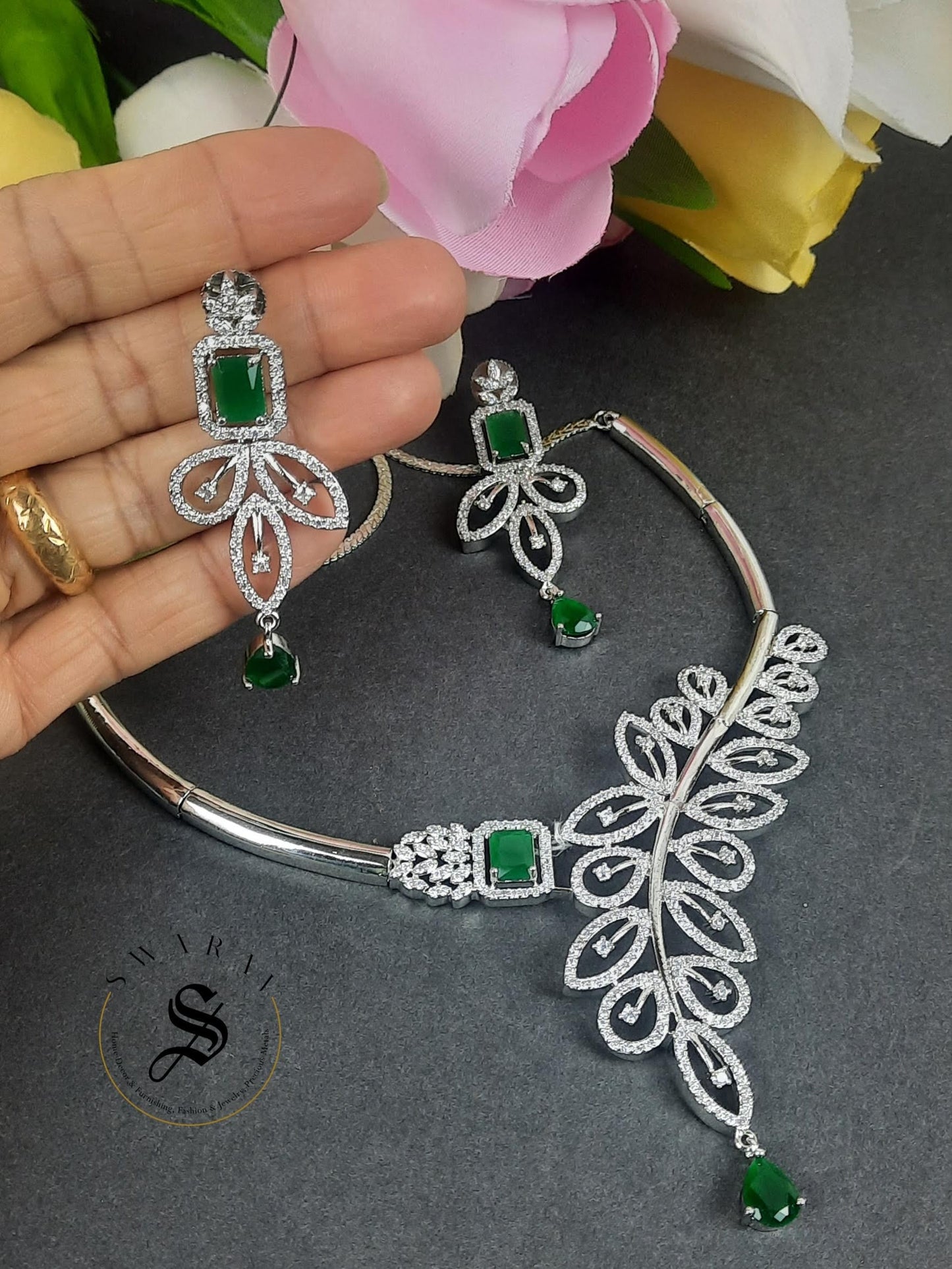 Leaf Design Classic CZ Necklace Set - Party and wedding special.