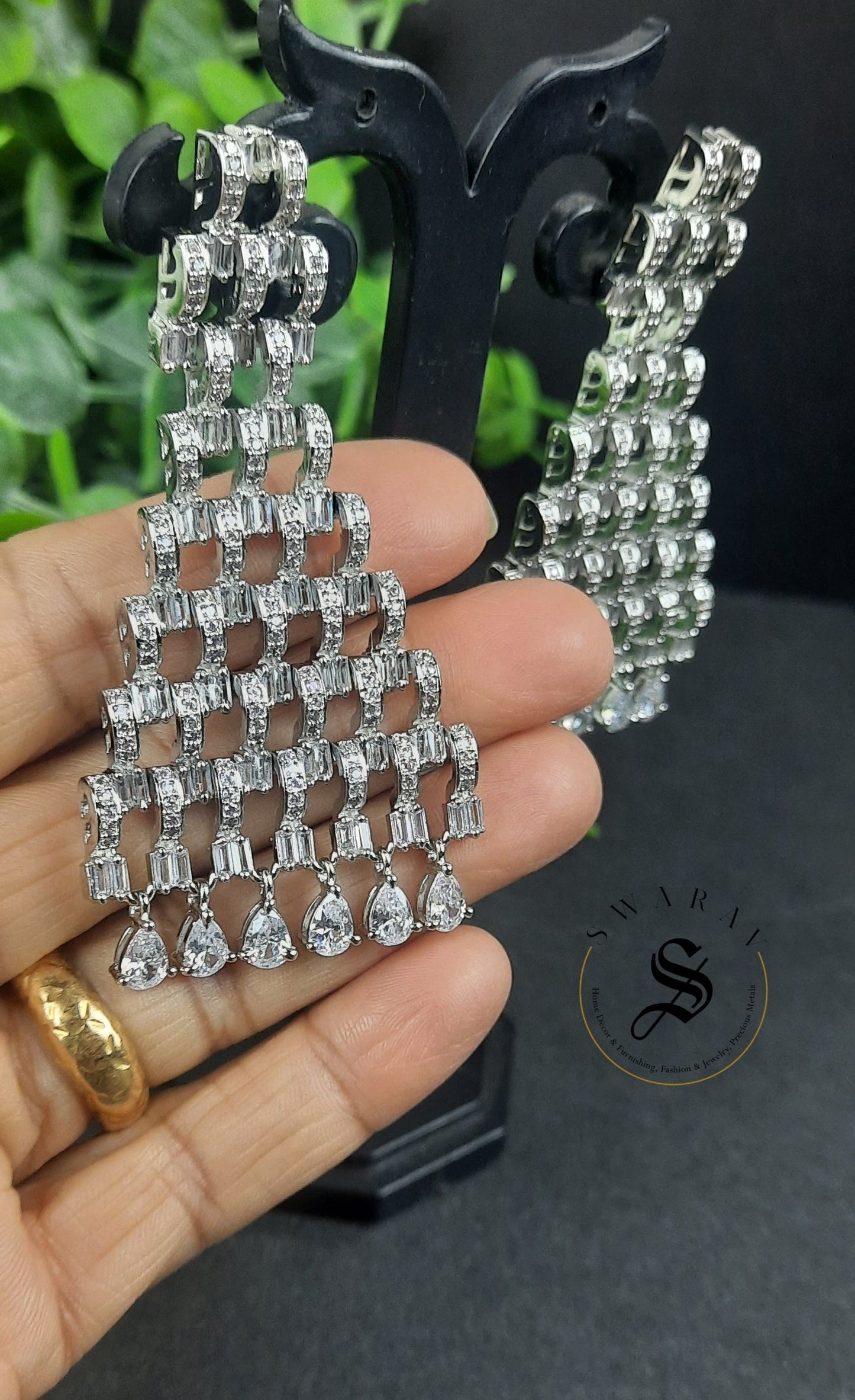 Real Cubic Zircon ( CZ) Earrings with Rhodium Finish - The Pyramid.