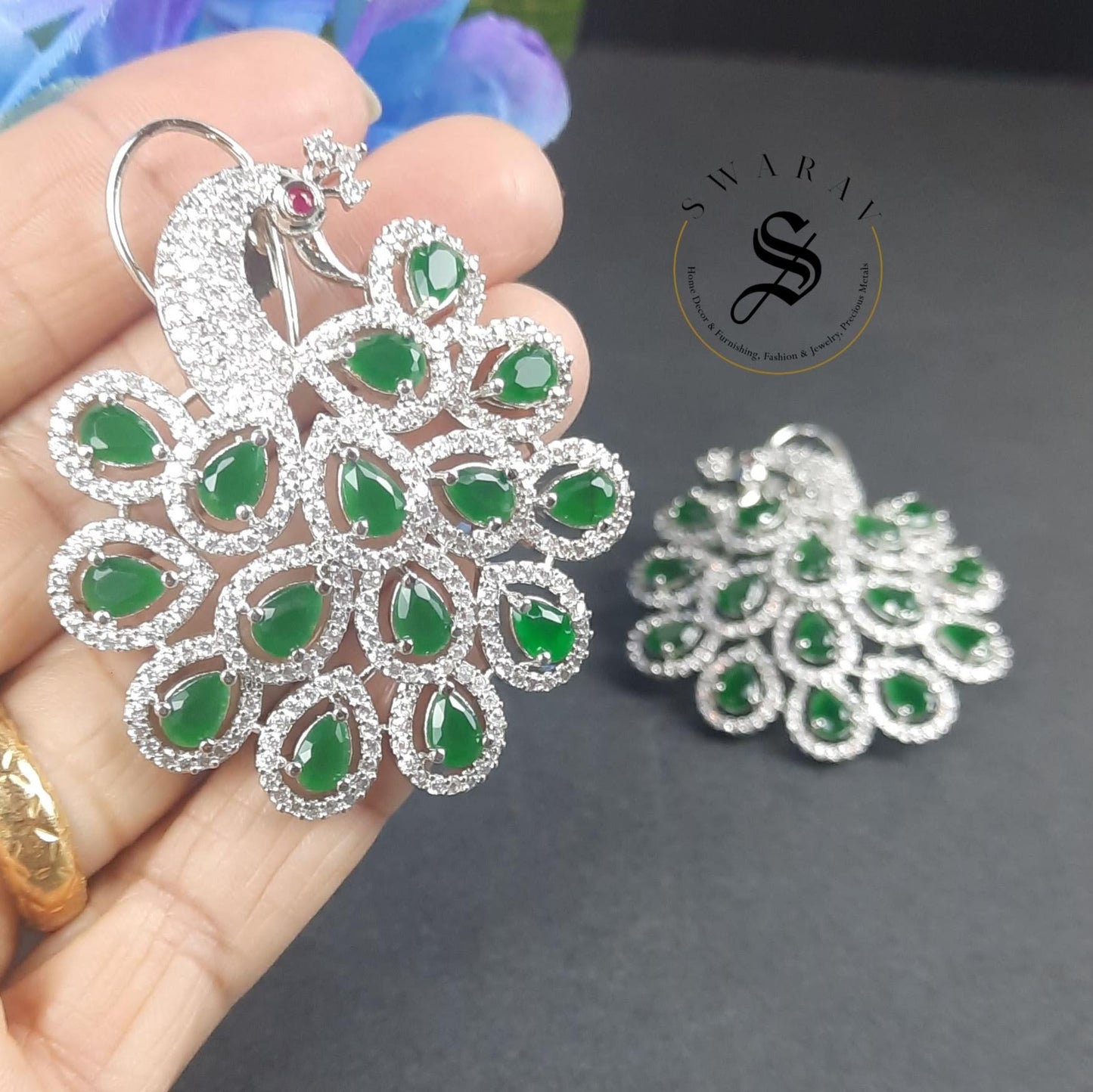 Real Cubic Zircon ( CZ with Rhodium Finish - The Peacock.