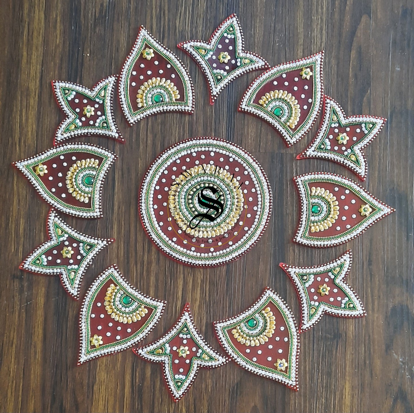 Hand made Acrylic Rangoli - Set of 13 pieces. 16 inch - Red.