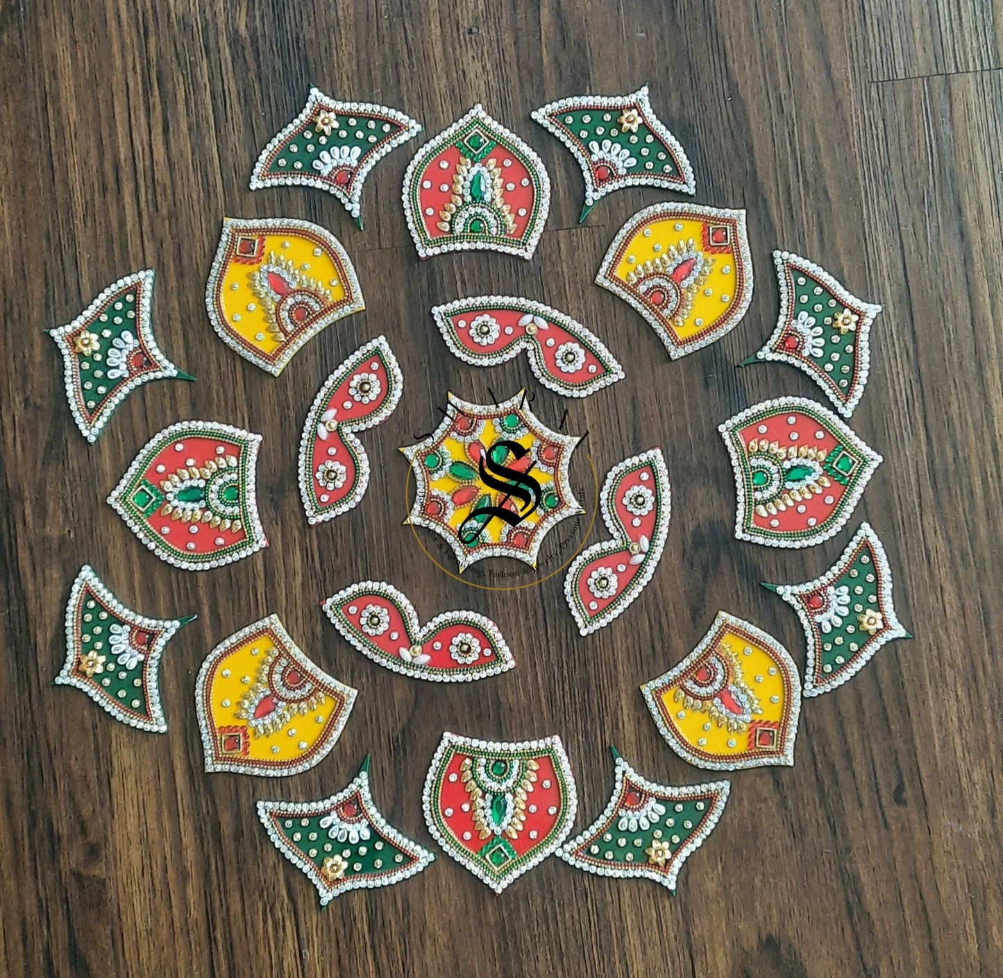 Hand made Acrylic Rangoli - Set of 21pieces. 16 inch Multi Color.