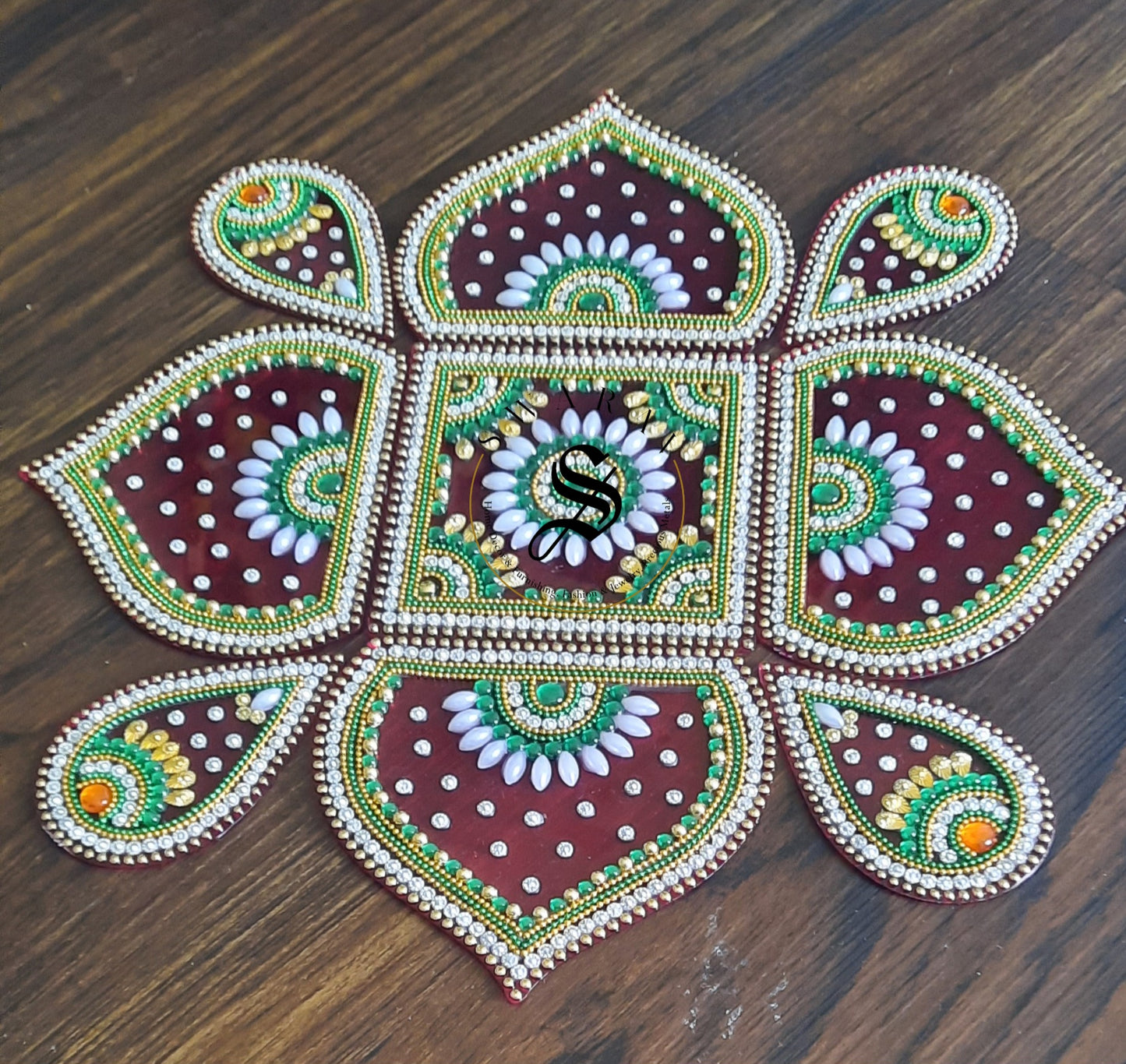 Hand made Acrylic Rangoli - Set of 9 pieces. 12 inch - Red