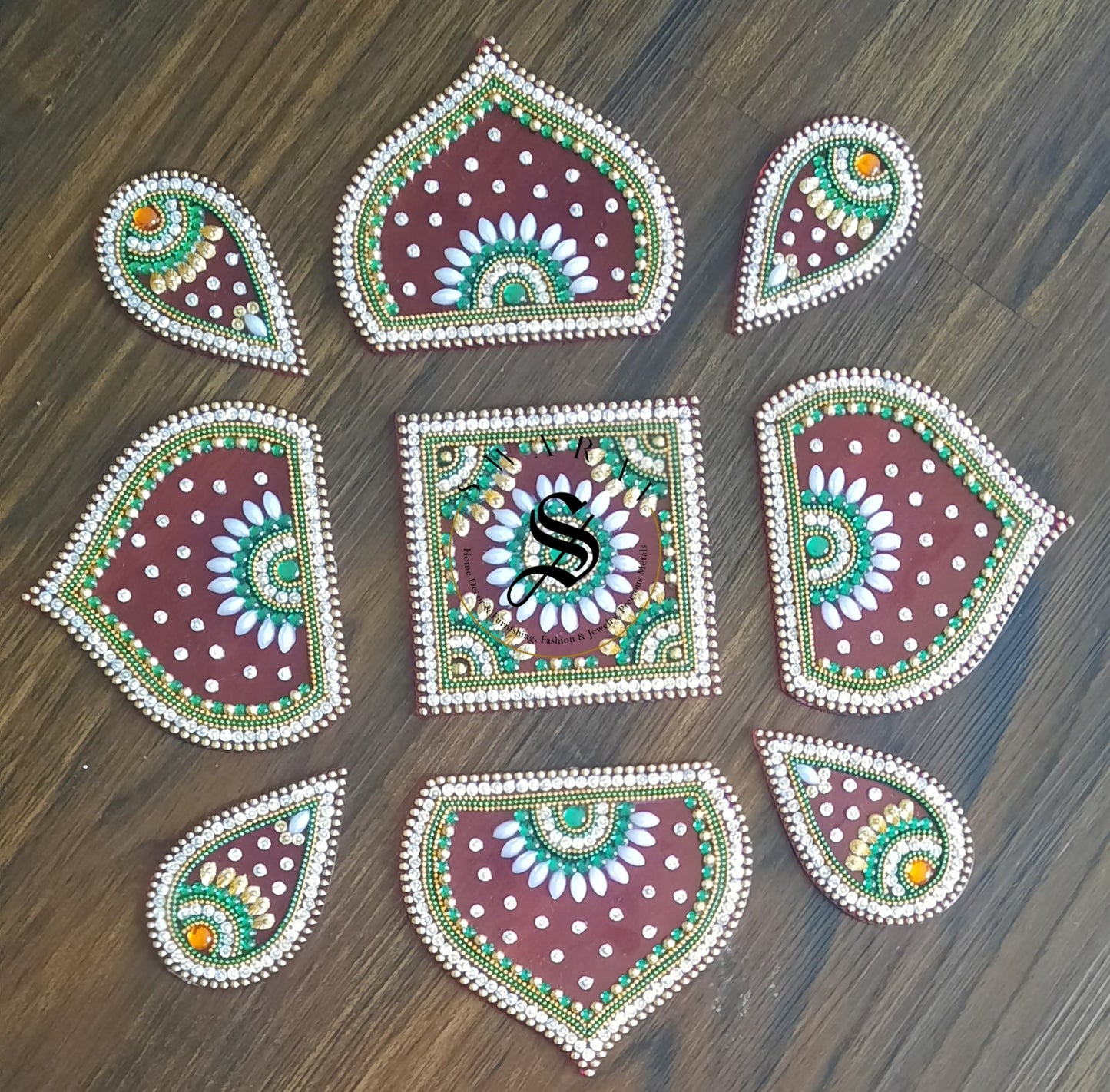 Hand made Acrylic Rangoli - Set of 9 pieces. 12 inch - Red