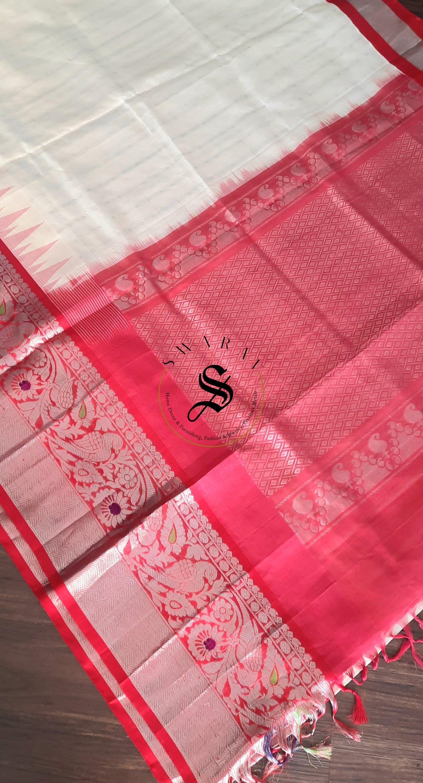 Kuppadam Semi Pattu Saree with stitched work Blouse - Cream and Red.