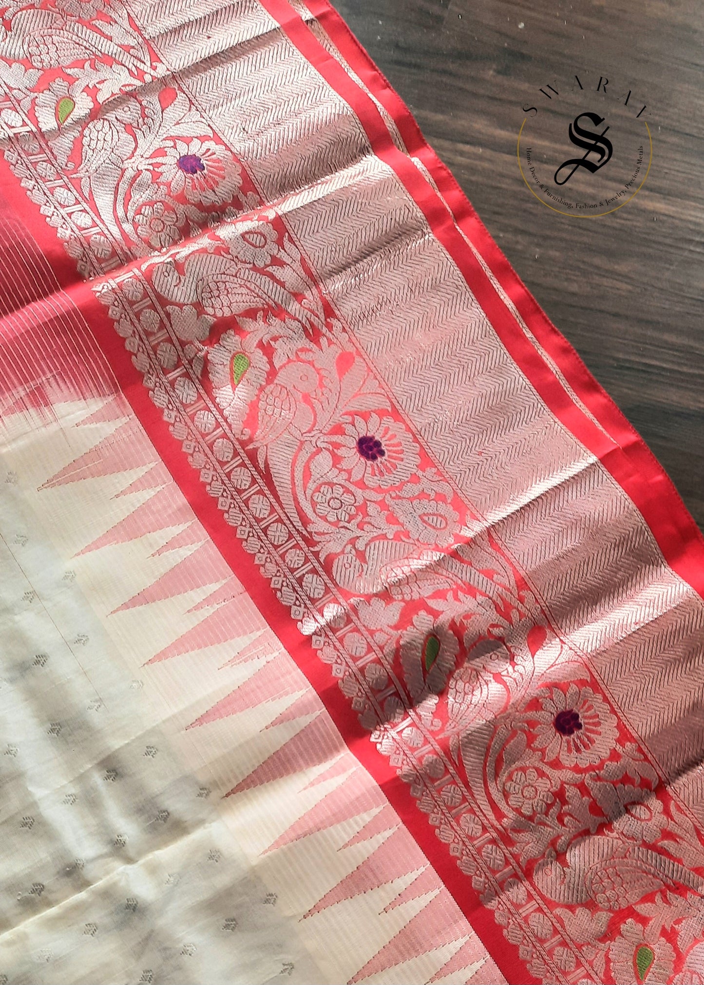 Kuppadam Semi Pattu Saree with stitched work Blouse - Cream and Red.