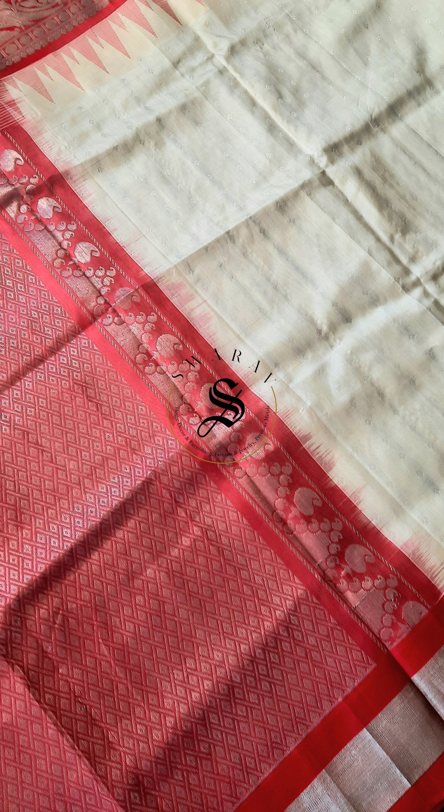 Kuppadam Semi Pattu Saree with stitched work Blouse - Cream and Red.