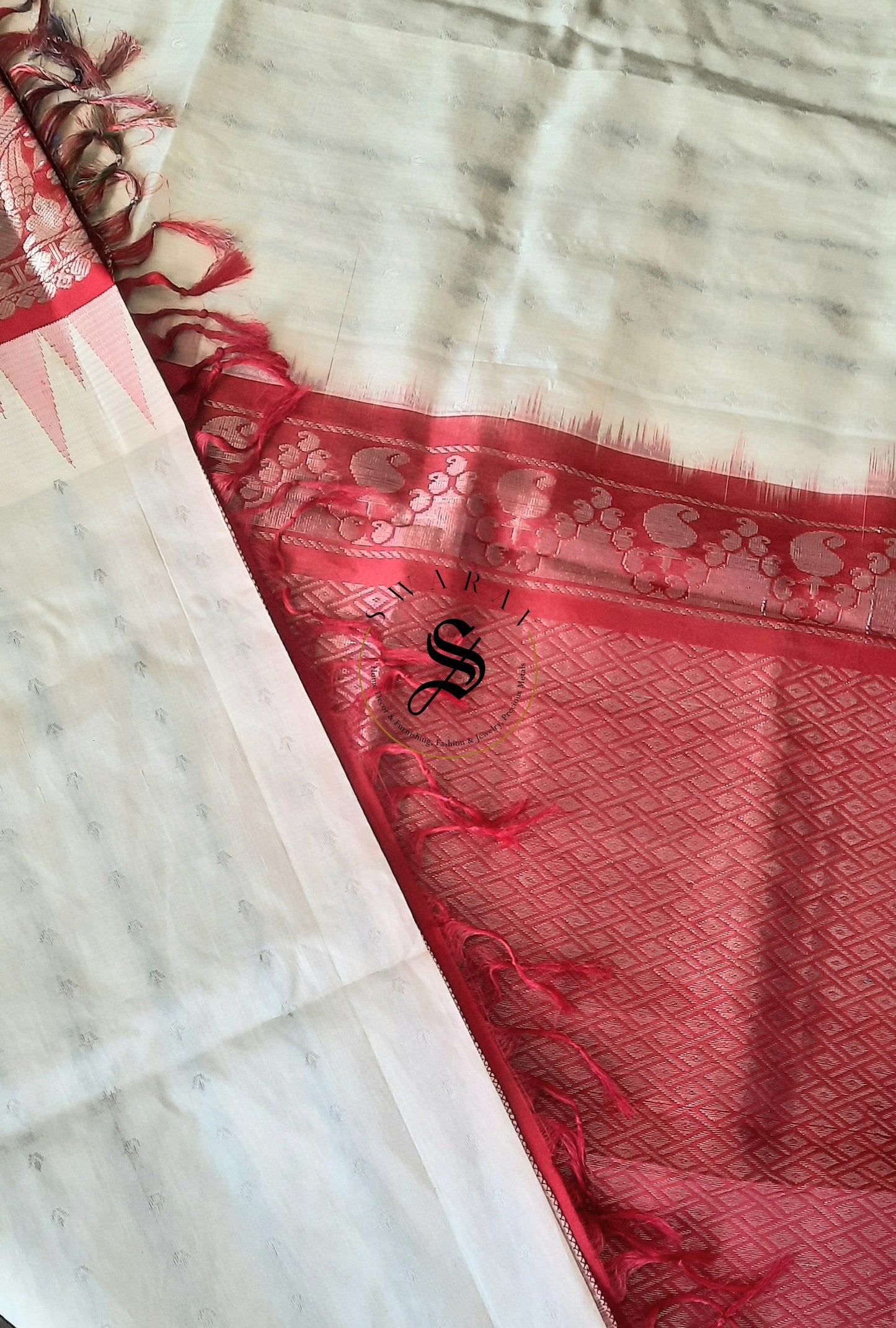 Kuppadam Semi Pattu Saree with stitched work Blouse - Cream and Red.