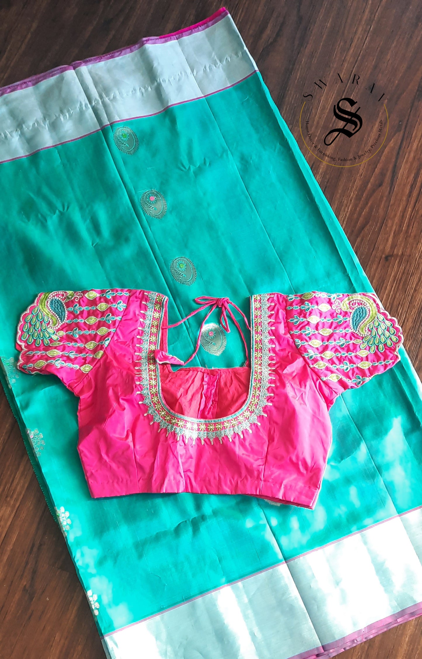 Venkatagiri Pure Handloom Pattu Saree with Stitched work blouse - Aqua Blue