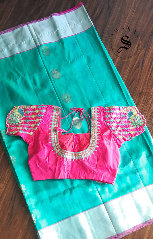 Venkatagiri Pure Handloom Pattu Saree with Stitched work blouse - Aqua Blue