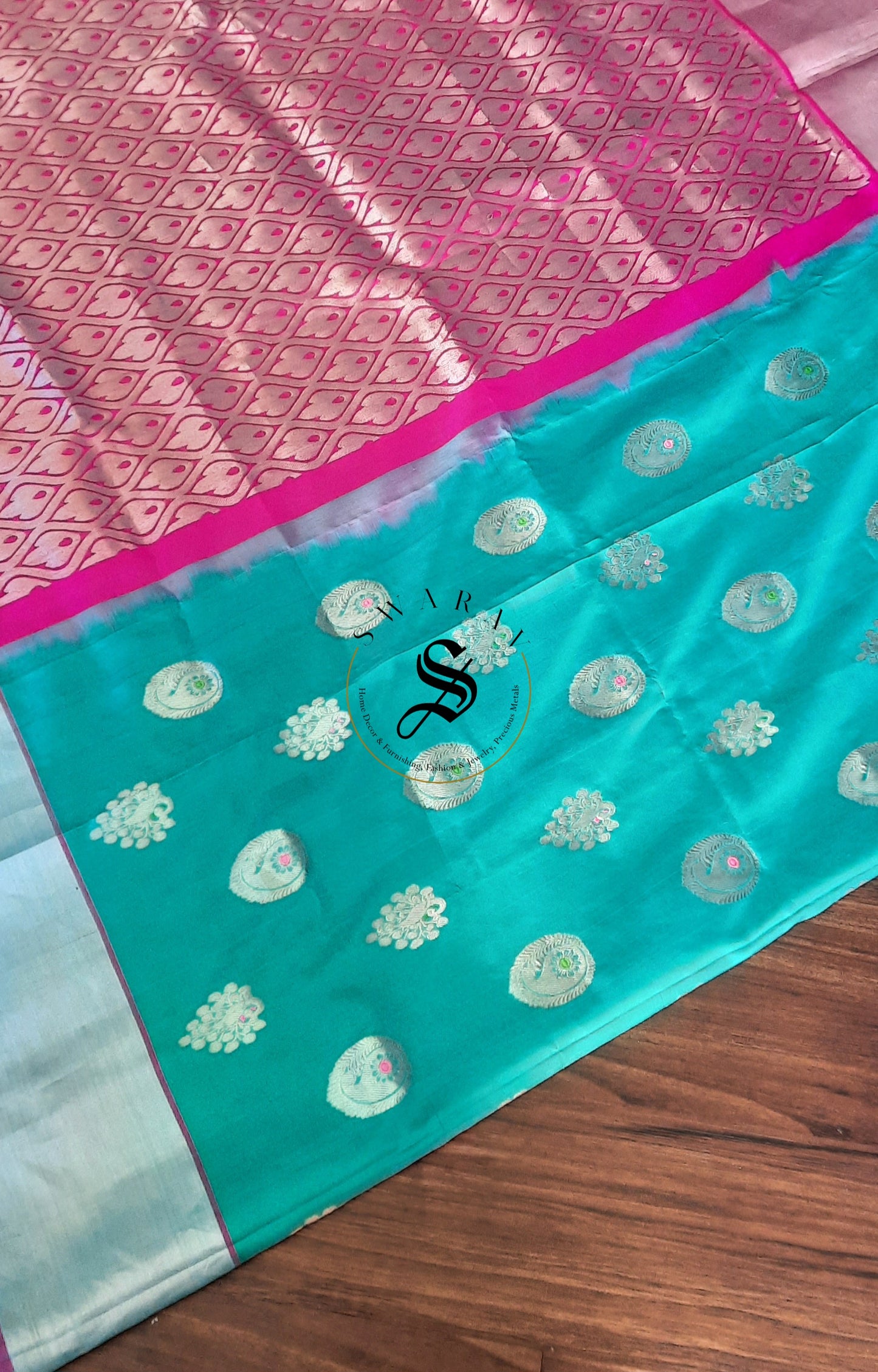 Venkatagiri Pure Handloom Pattu Saree with Stitched work blouse - Aqua Blue