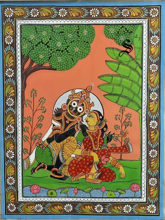 Hand made Pattachitra painting on silk fabric. Lord Jaggannath and Maa Lakshmi. Size 12 by 16 inch