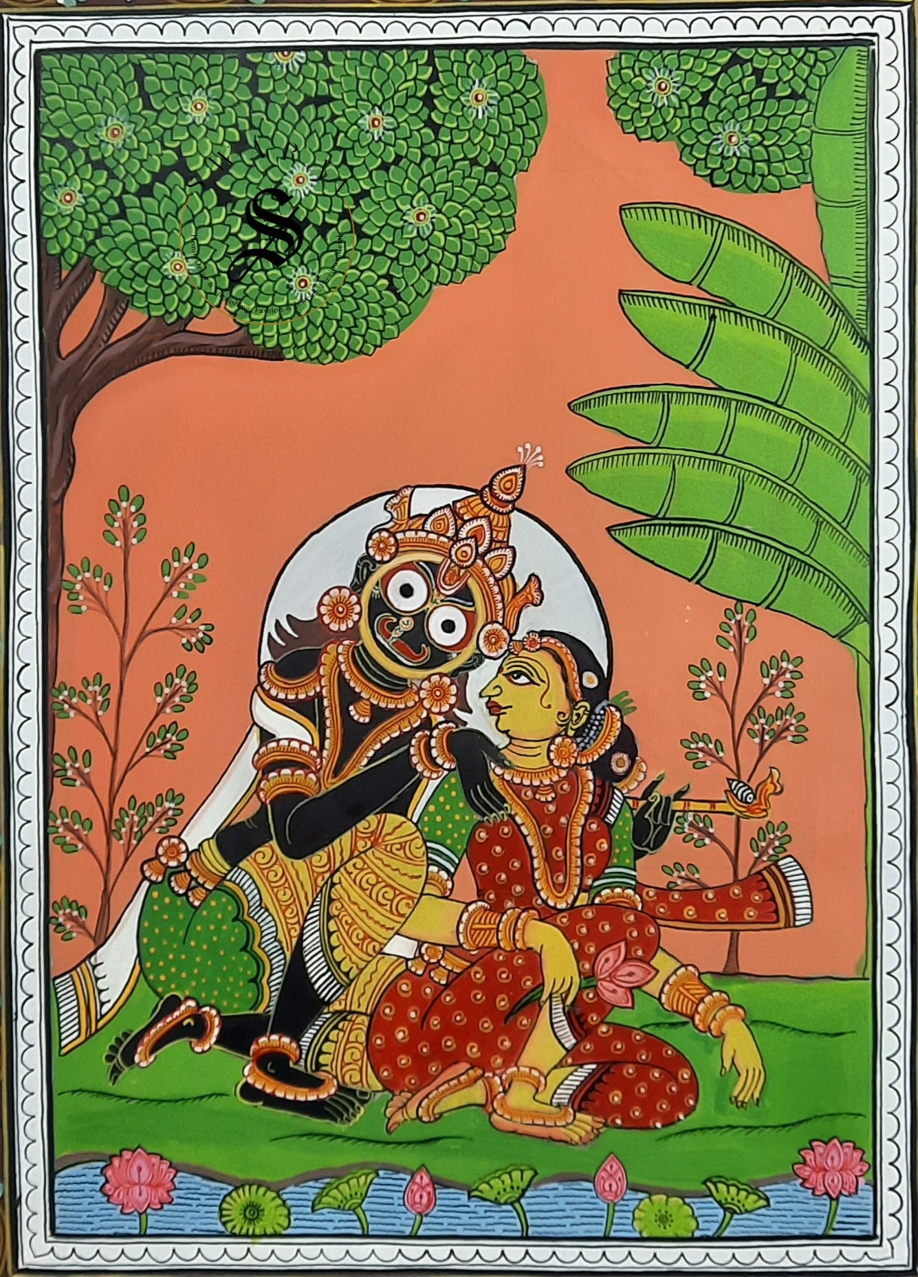 Hand made Pattachitra painting on silk fabric. Lord Jaggannath and Maa Lakshmi. Size 12 by 16 inch