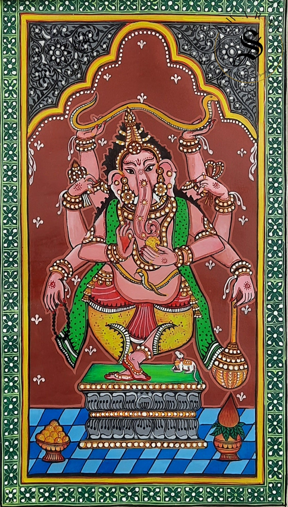 Hand made Pattachitra Painting on silk fabric. Adorable Dancing Ganesha. Size 9 by 15 inch