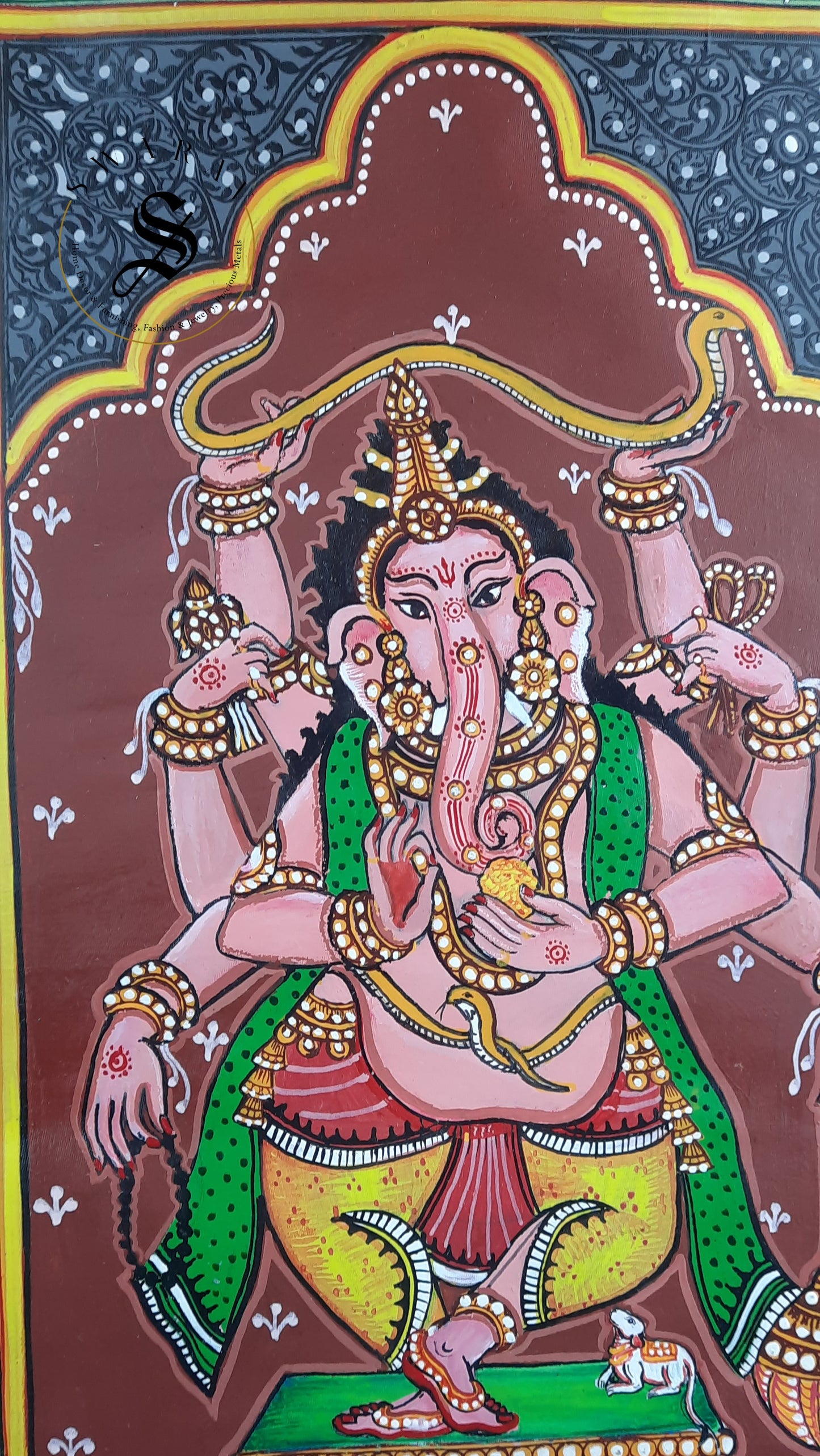 Hand made Pattachitra Painting on silk fabric. Adorable Dancing Ganesha. Size 9 by 15 inch