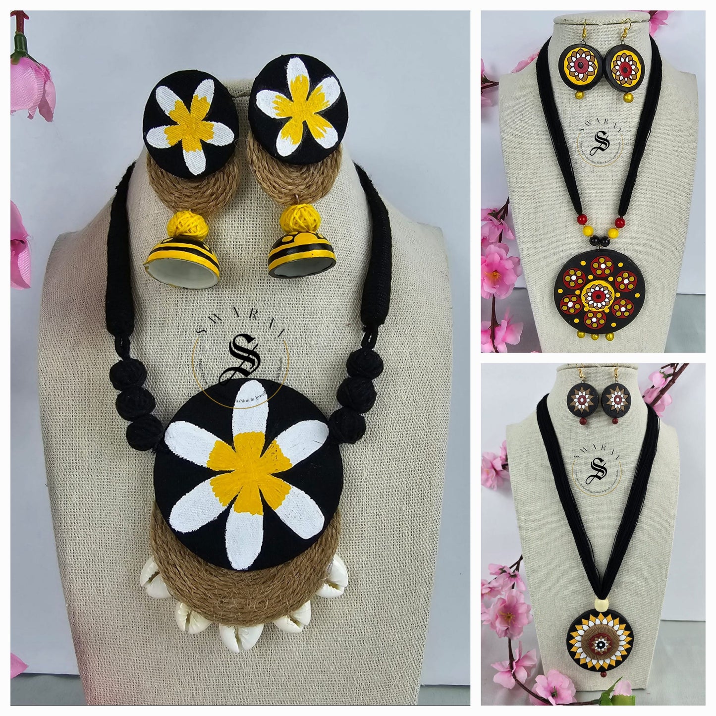 Pack of 3 - Hand painted Wooden pendant and earrings on black thread.