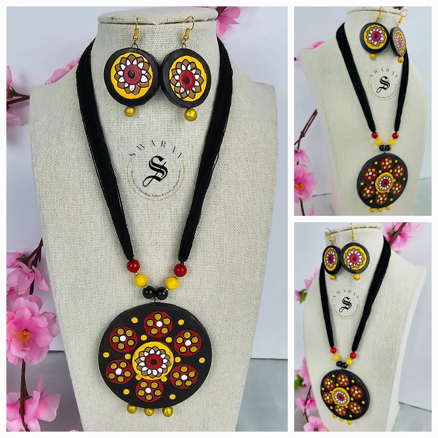 Pack of 3 - Hand painted Wooden pendant and earrings on black thread.