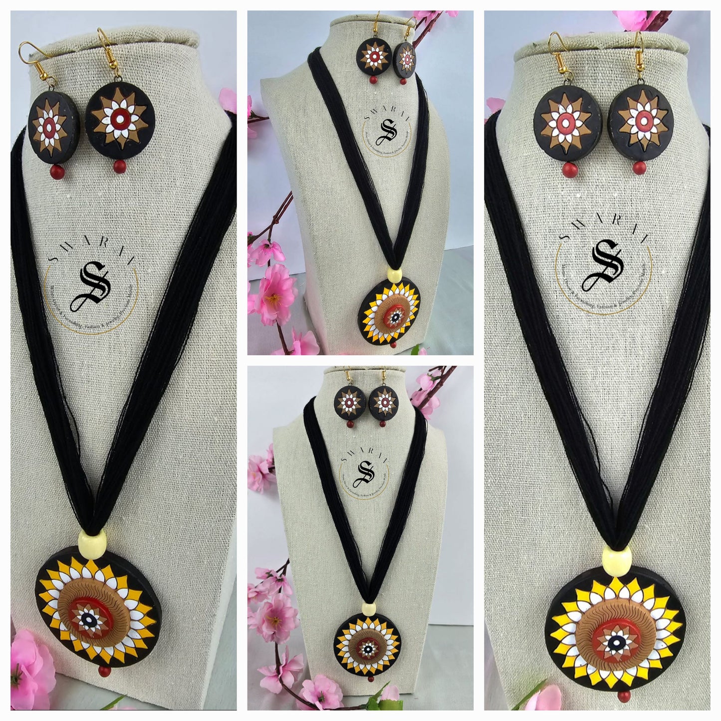 Pack of 3 - Hand painted Wooden pendant and earrings on black thread.