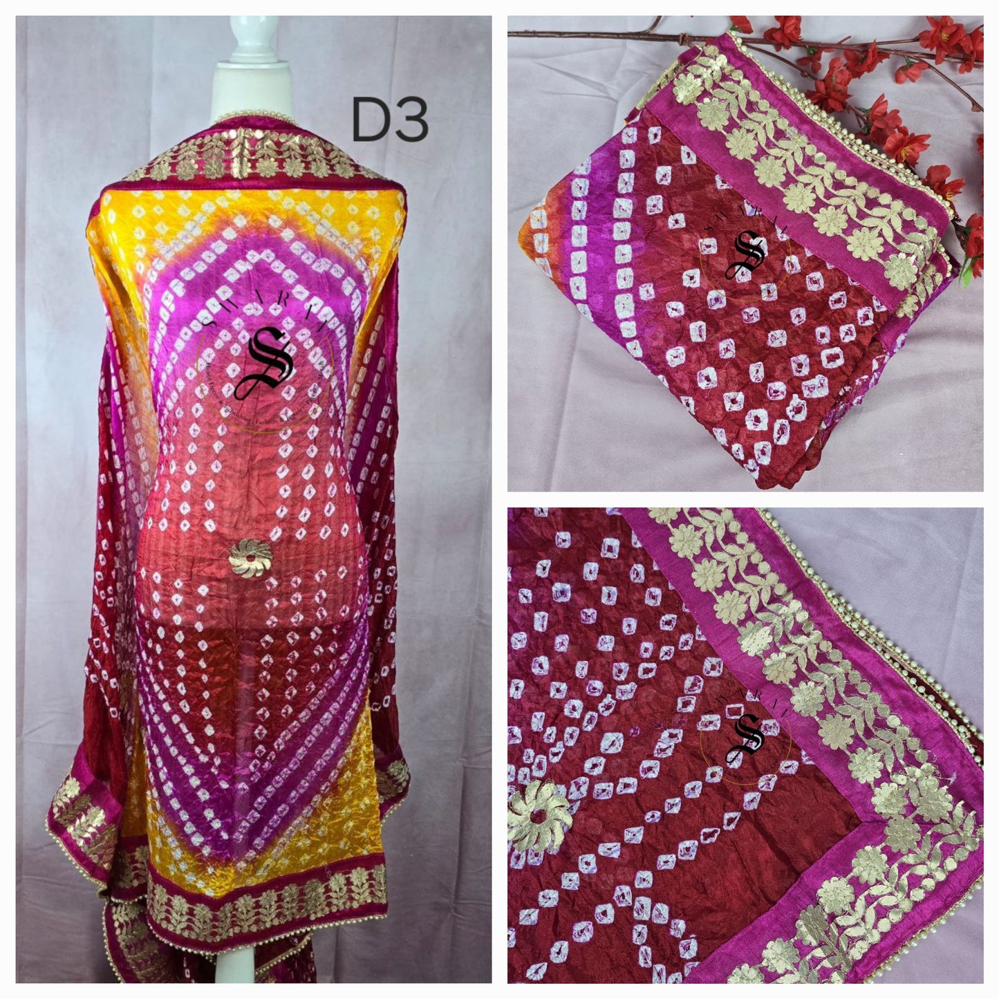 Silk Fabric Gota Patti border and  hand Bandhni Dupatta. Length - 2.25 meters