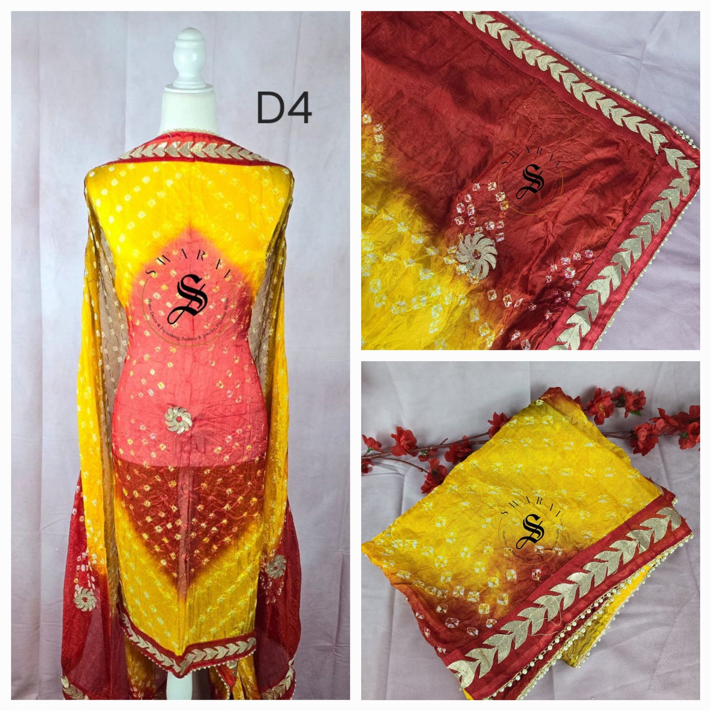 Silk Fabric Gota Patti border and  hand Bandhni Dupatta. Length - 2.25 meters