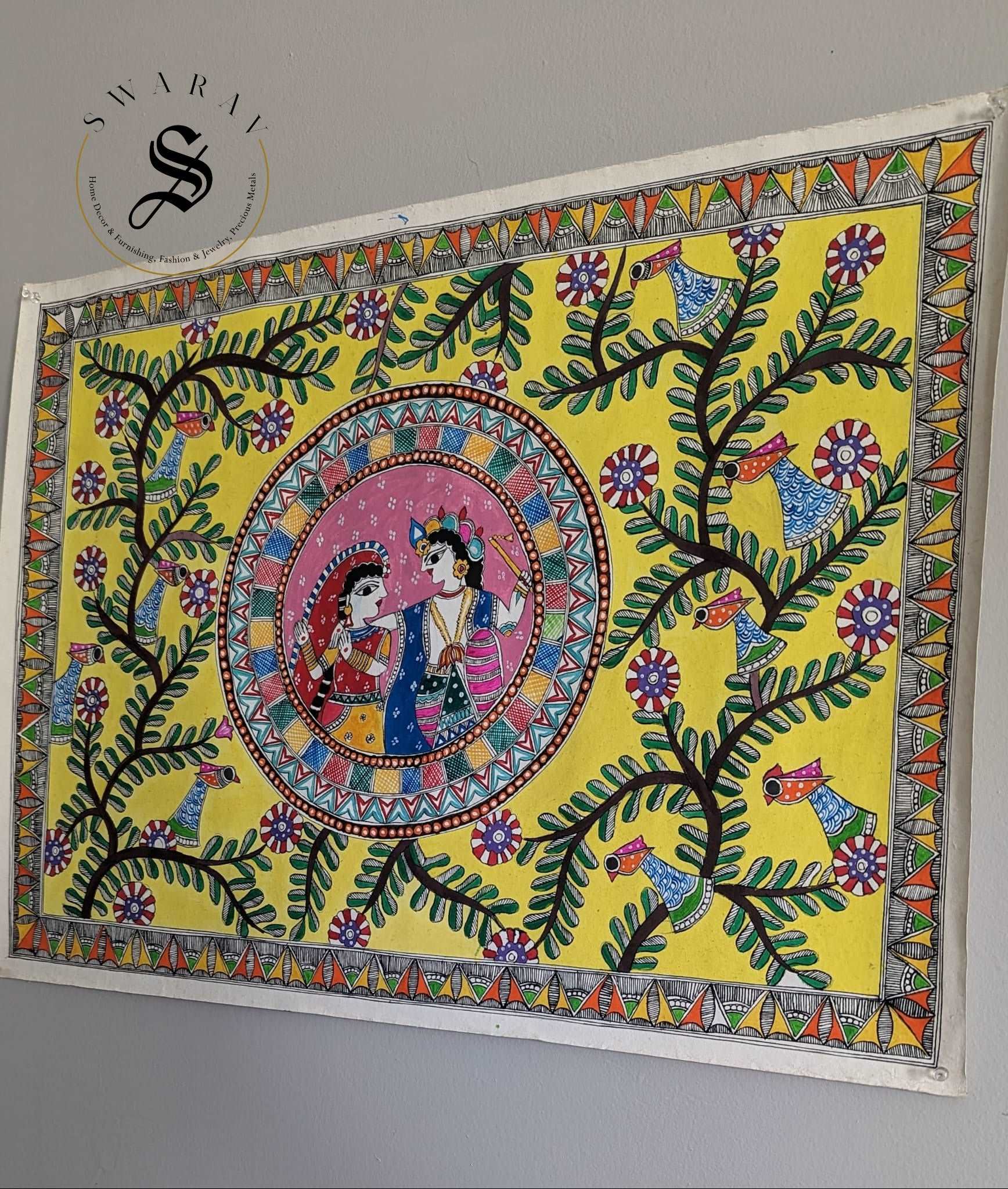 Madhubani or Mithila Painting - Radha Krishna Eternal Love Story Theme .