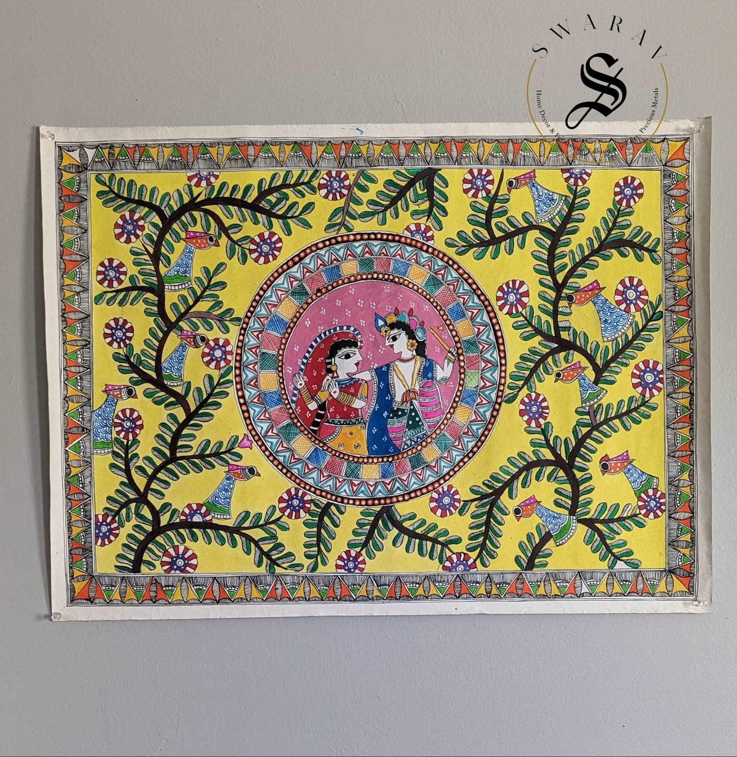 Madhubani or Mithila Painting - Radha Krishna Eternal Love Story Theme .