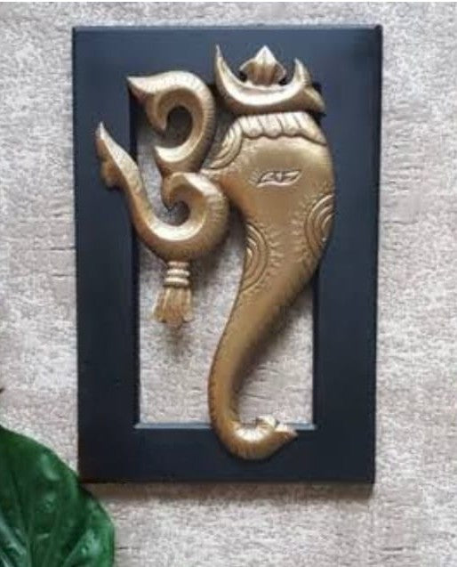 PRE-BOOK. Om Ganesha Wooden Wall Frame with Brass Sheet for the Figurine. Size 18 by 12 inch. color - Walnut Black- Walnut