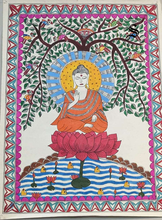 Madhubani or Mithila Painting - Gautam Buddha under Peepal or Ficus religiosa Tree Them