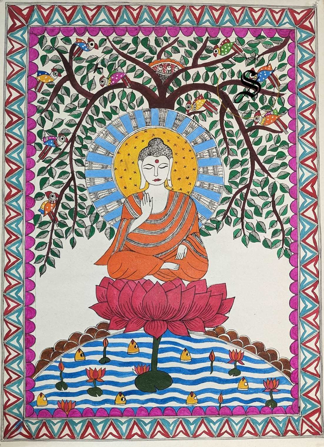 Madhubani or Mithila Painting - Gautam Buddha under Peepal or Ficus religiosa Tree Them