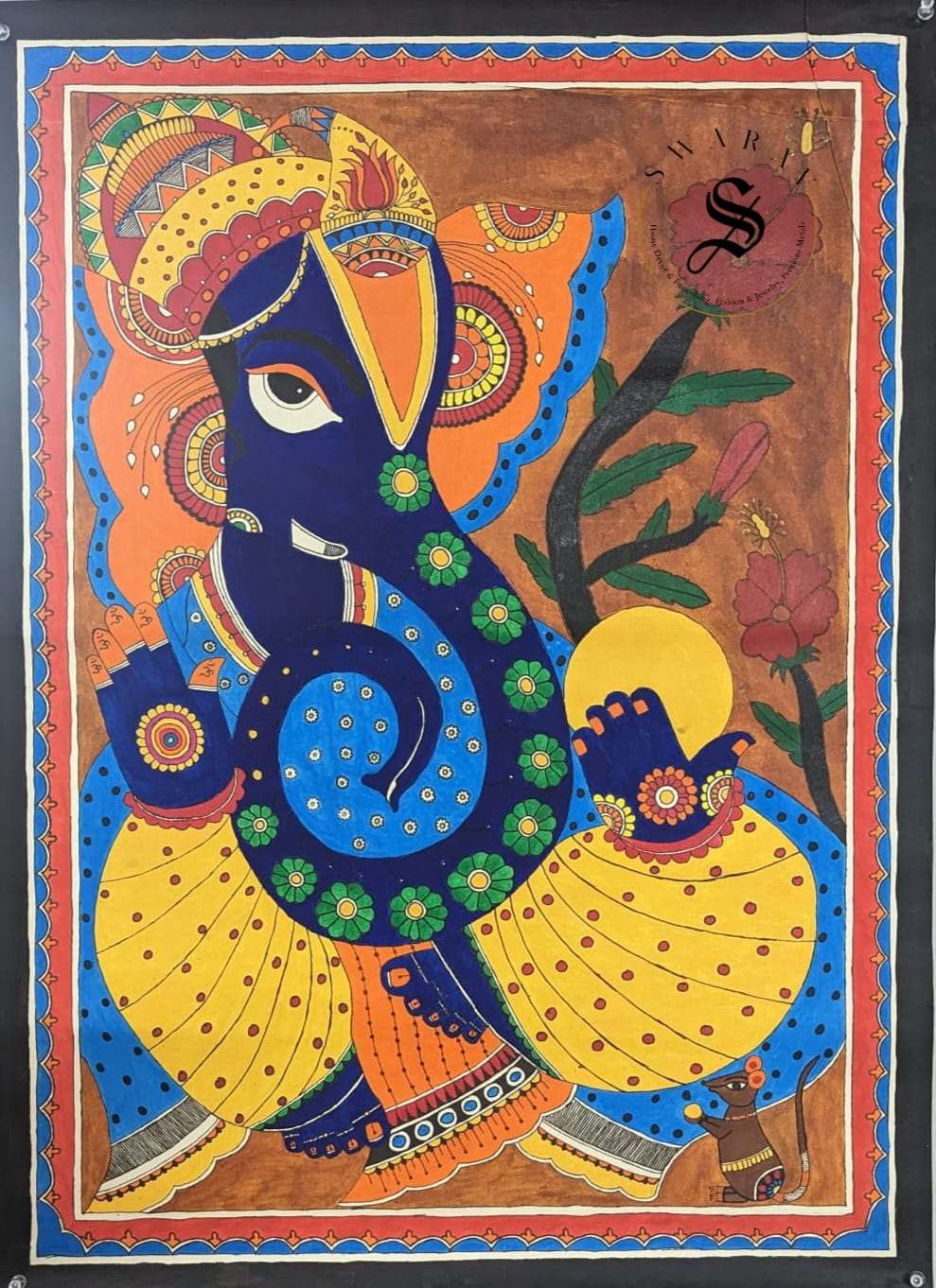 Madhubani or Mithila Painting – Lord Ganesha with his beautiful ornaments and Laddu in hand.