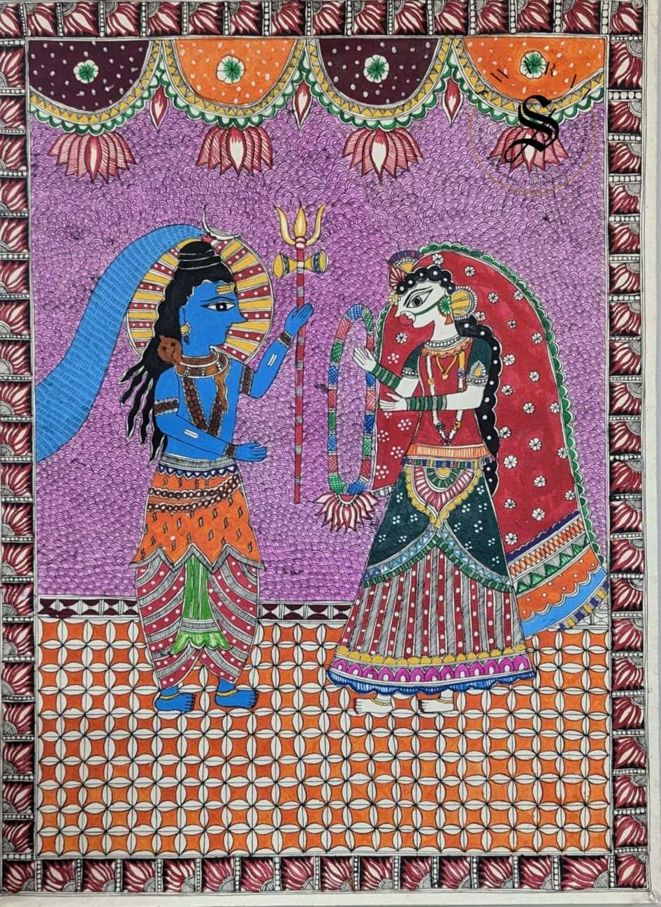 Madhubani or Mithila Painting –Wedding of Lord Shiva and Maa Parvati Theme.