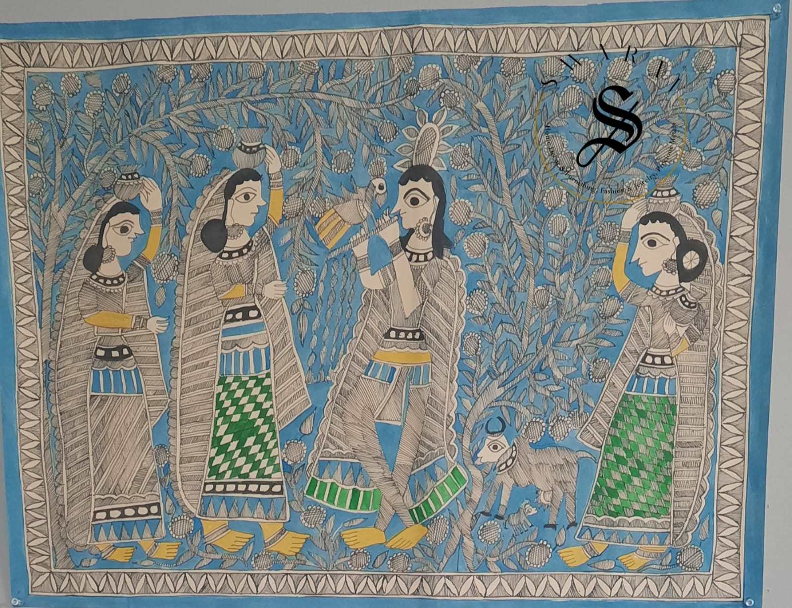 Madhubani or Mithila Painting –Krishna with Gopikas in Vrindavan Garden. Size 30 by 22 inch