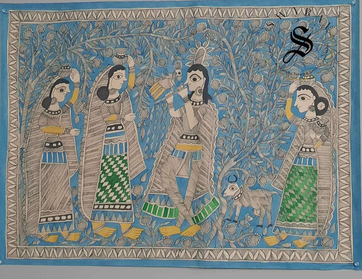 Madhubani or Mithila Painting –Krishna with Gopikas in Vrindavan Garden. Size 30 by 22 inch