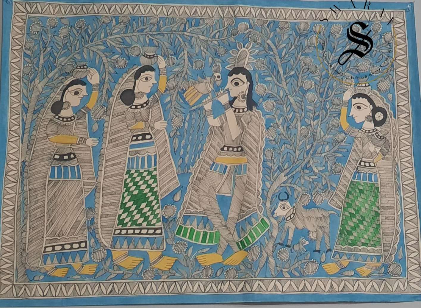 Madhubani or Mithila Painting –Krishna with Gopikas in Vrindavan Garden. Size 30 by 22 inch