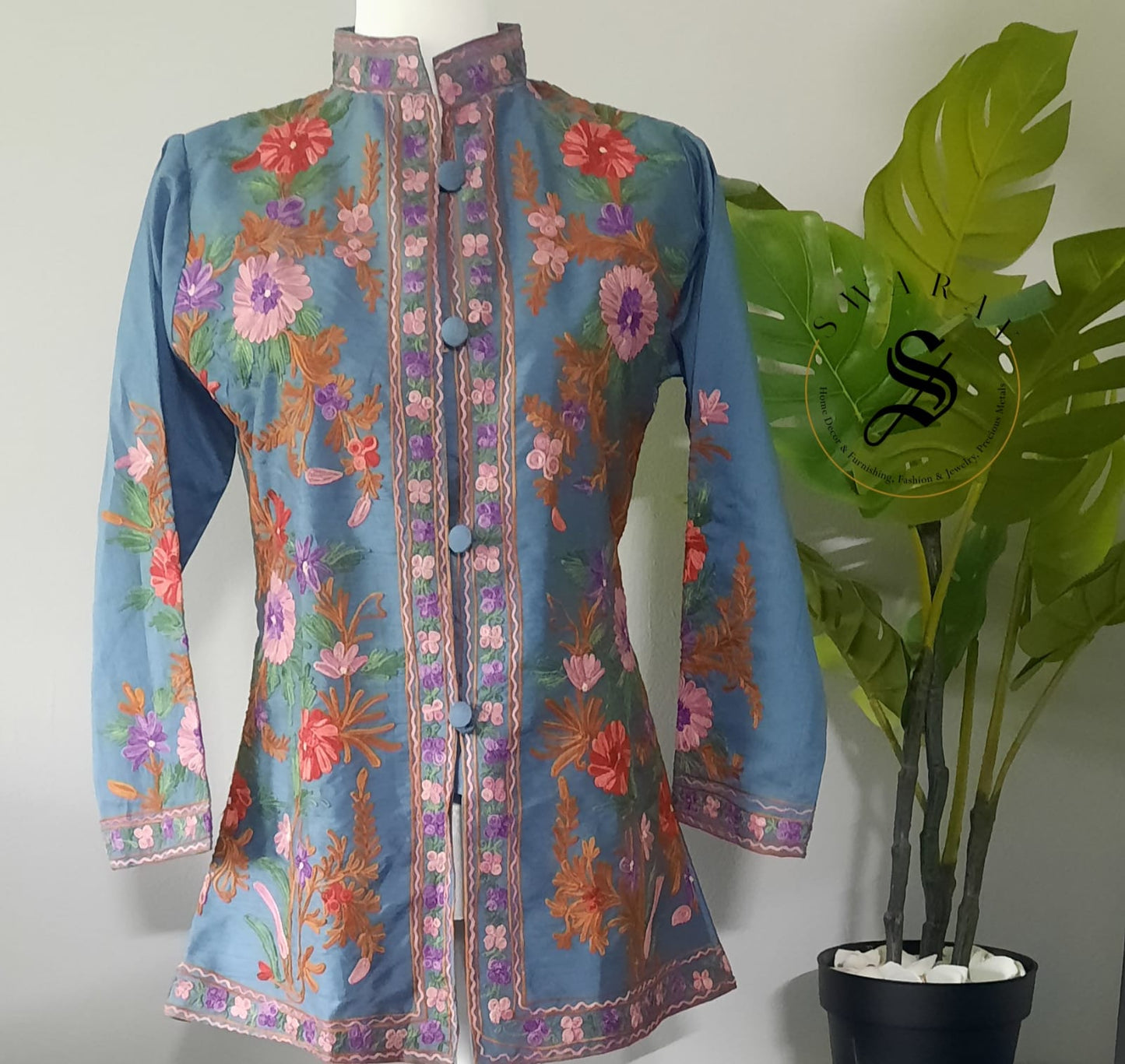 Women's Silk Jacket with Kashmiri Ari work - Size Medium