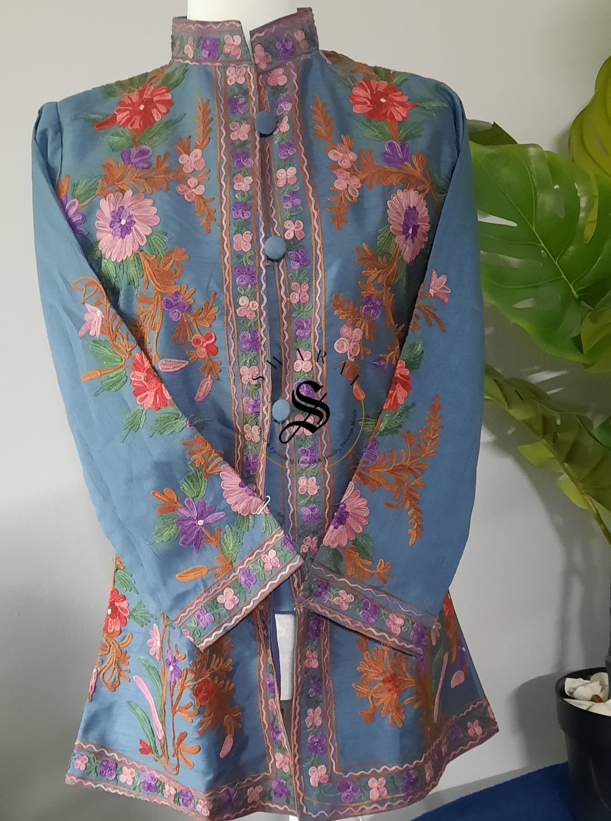 Women's Silk Jacket with Kashmiri Ari work - Size Medium