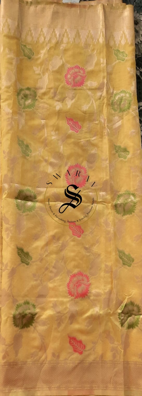 Organza Banarasi Saree with unstitched Blouse - Mustard Yellow.