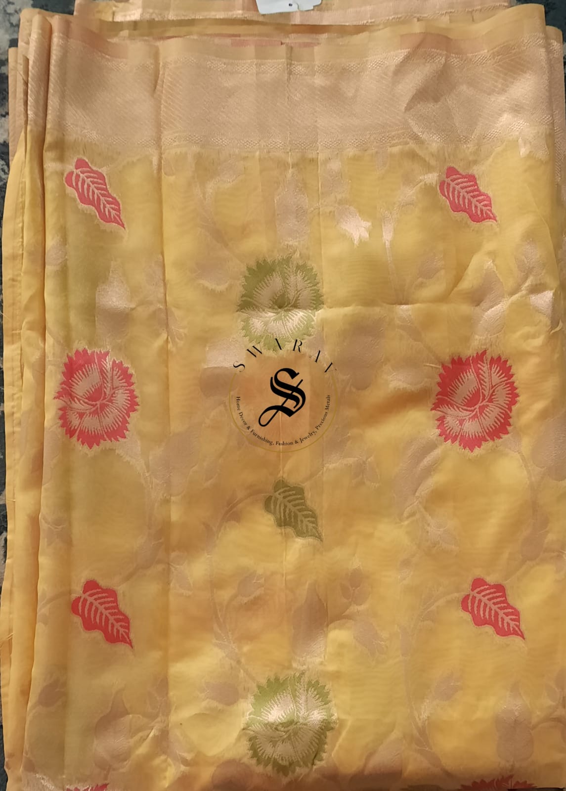 Organza Banarasi Saree with unstitched Blouse - Mustard Yellow.