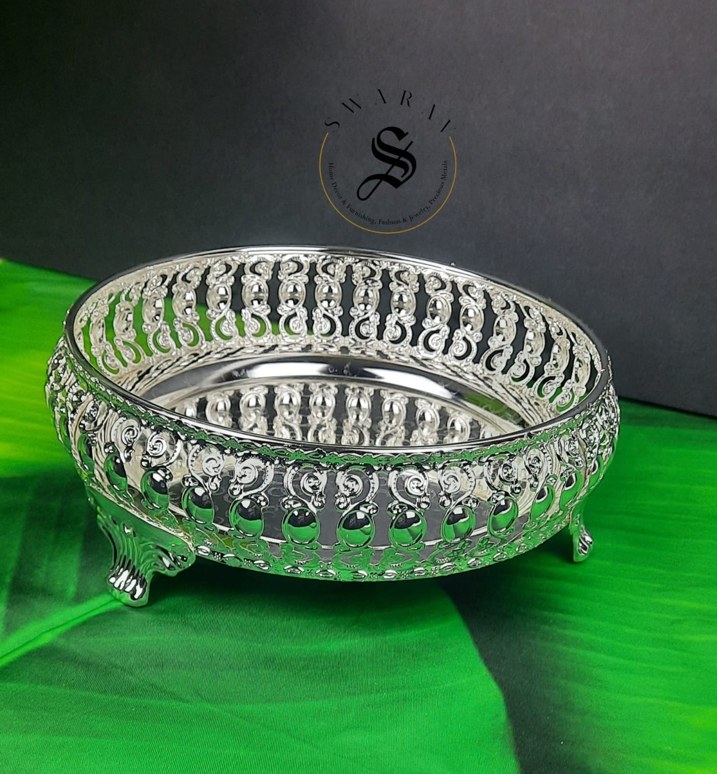 German Silver Combo pack of 3 items -  8 inch plate, Lakshmi Diya set of 2, with FREE  incense stick Holder.