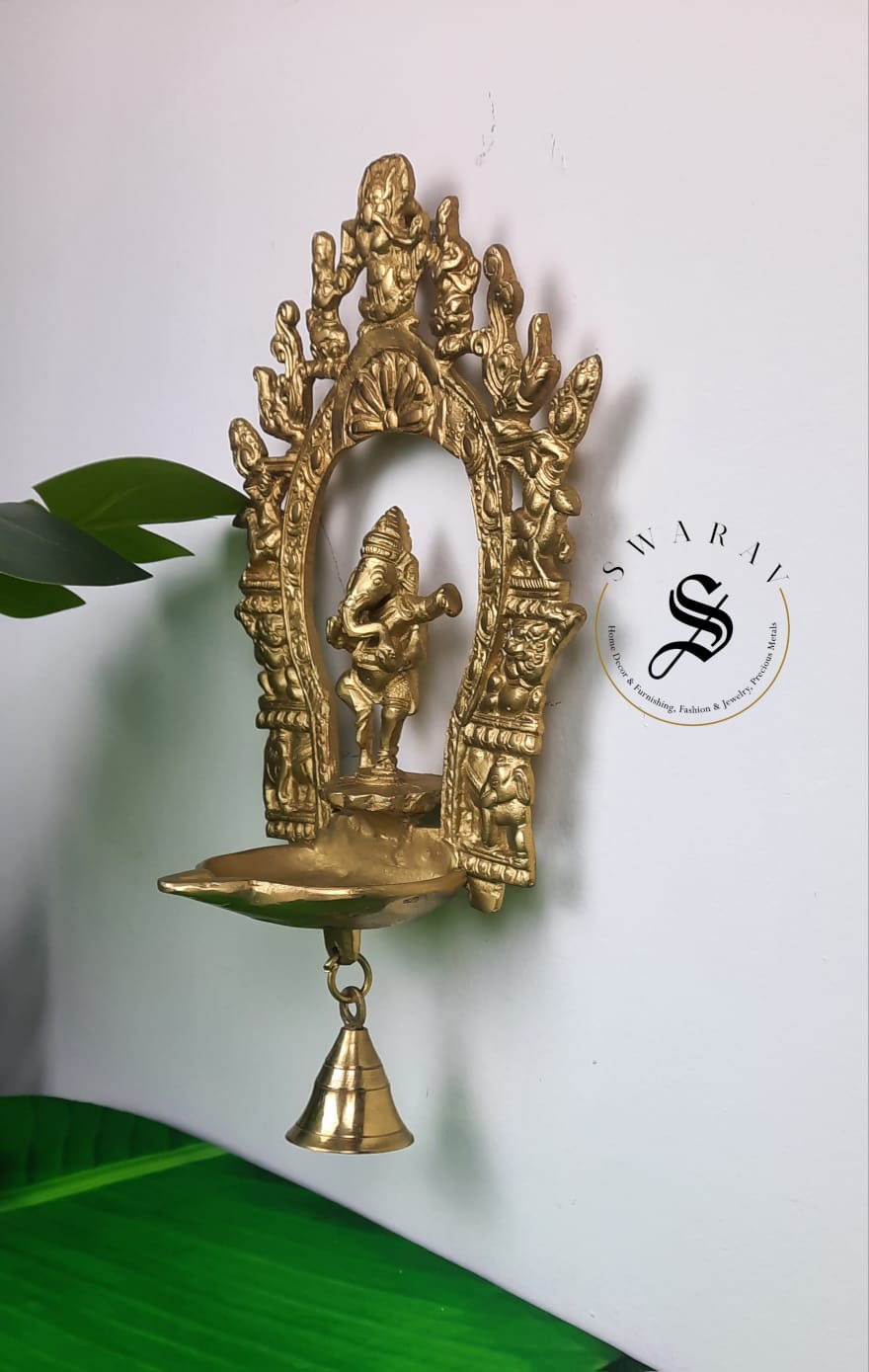 Brass Dancing Ganesha Wall mount oil Lamp with Bell.