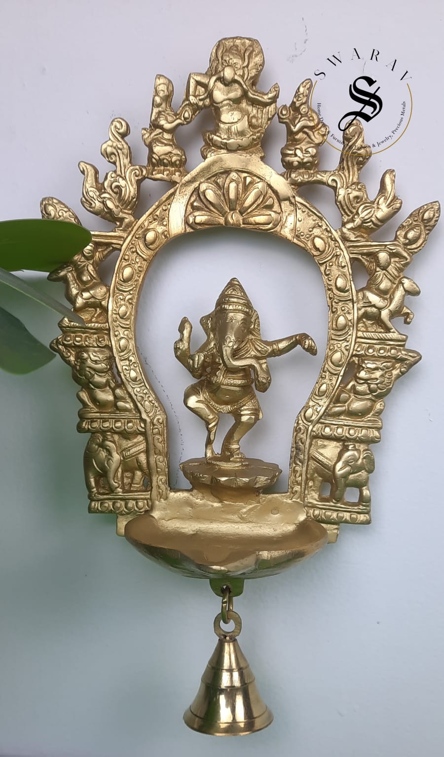 Brass Dancing Ganesha Wall mount oil Lamp with Bell.