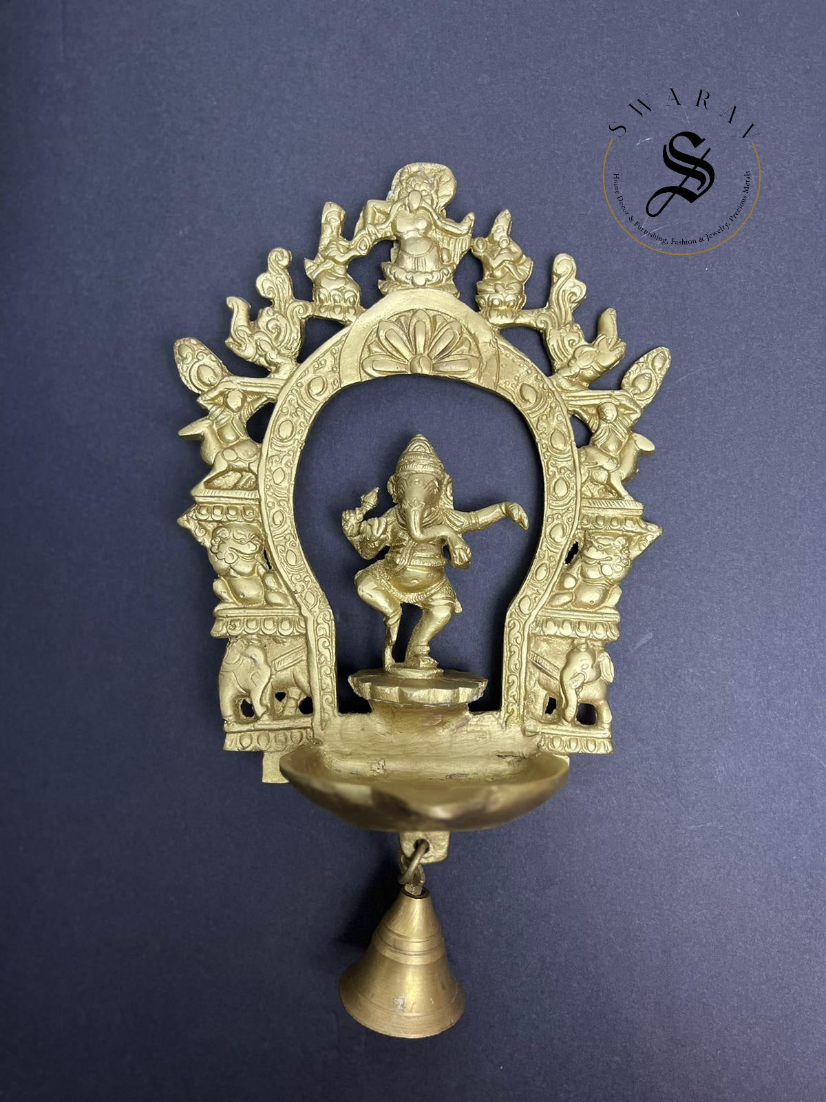 Brass Dancing Ganesha Wall mount oil Lamp with Bell.